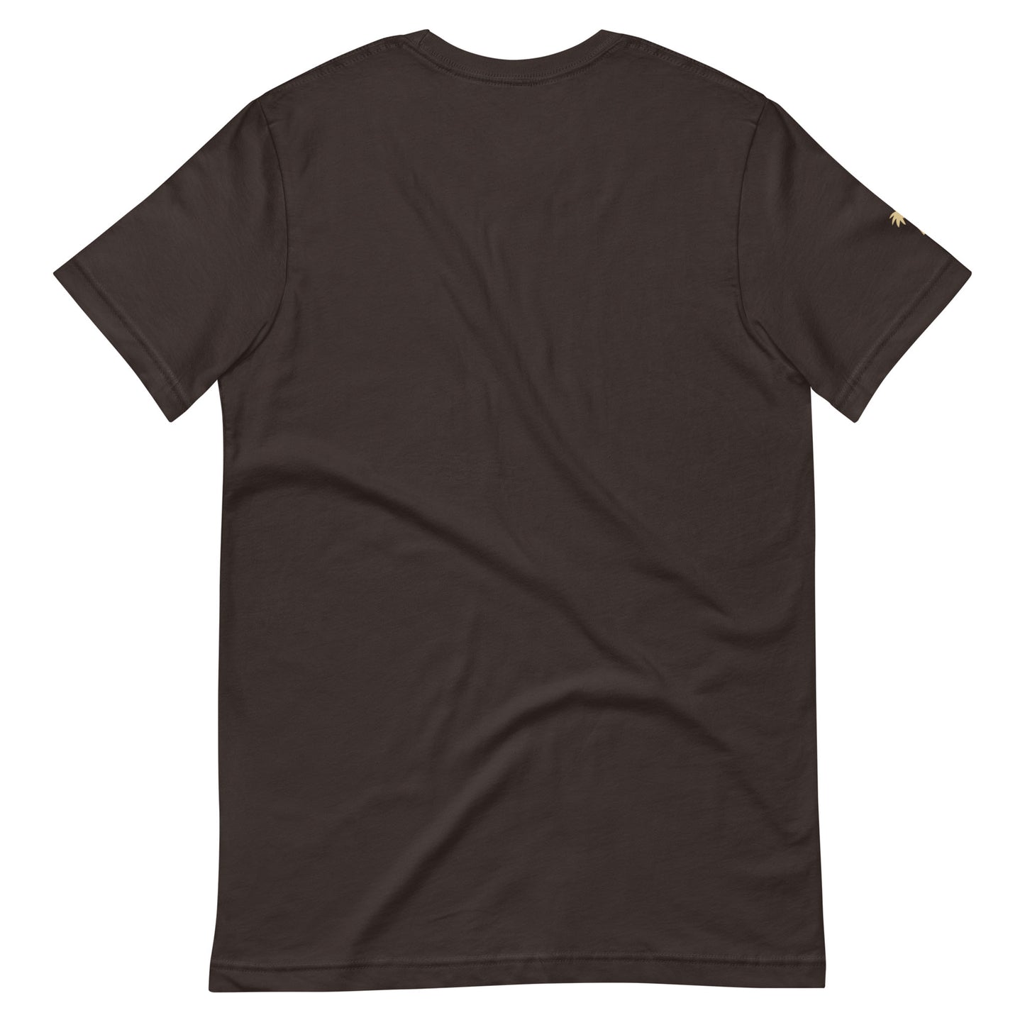 A plain dark brown comfortable cotton short-sleeve t-shirt shown from the back, featuring a small gold detail on the right sleeve near the shoulder. The fitted shirt has a simple design with no visible logos or patterns on the back.