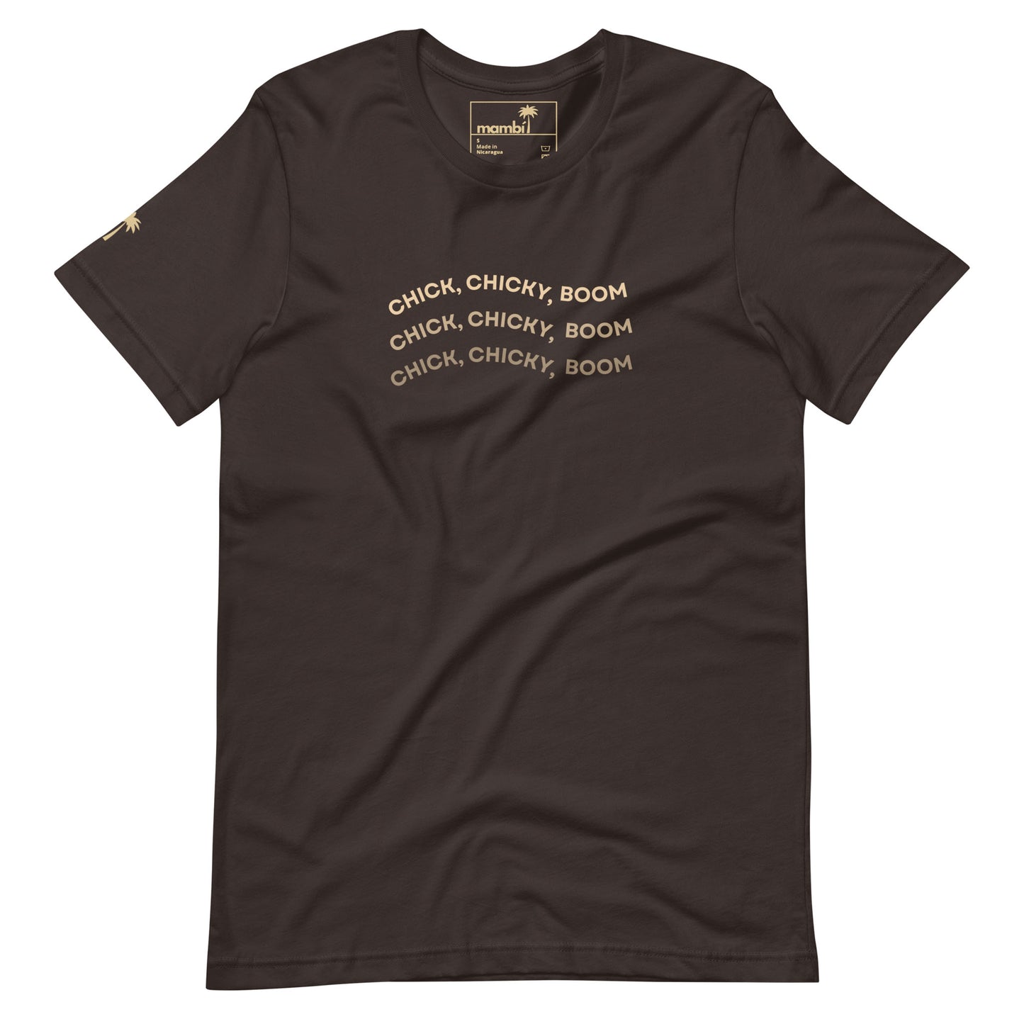 A brown fitted shirt crafted from comfy cotton, featuring CHICK, CHICKY, BOOM in gold curved lines across the chest and a small gold palm tree on the left sleeve—ideal for fans of unique graphic tees.