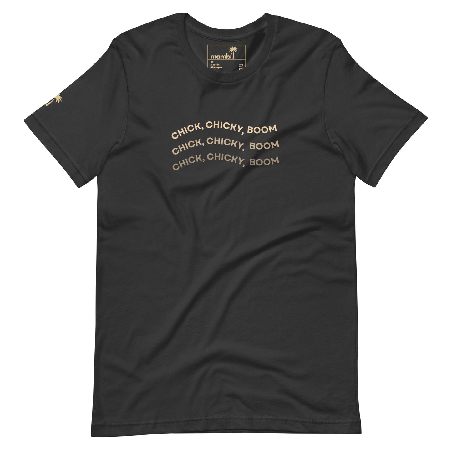 Dark grey fitted shirt with gold “CHICK, CHICKY, BOOM” text repeated three times on the chest. Made from comfortable cotton, this graphic tee also features a small palm tree logo on the left sleeve near the shoulder.