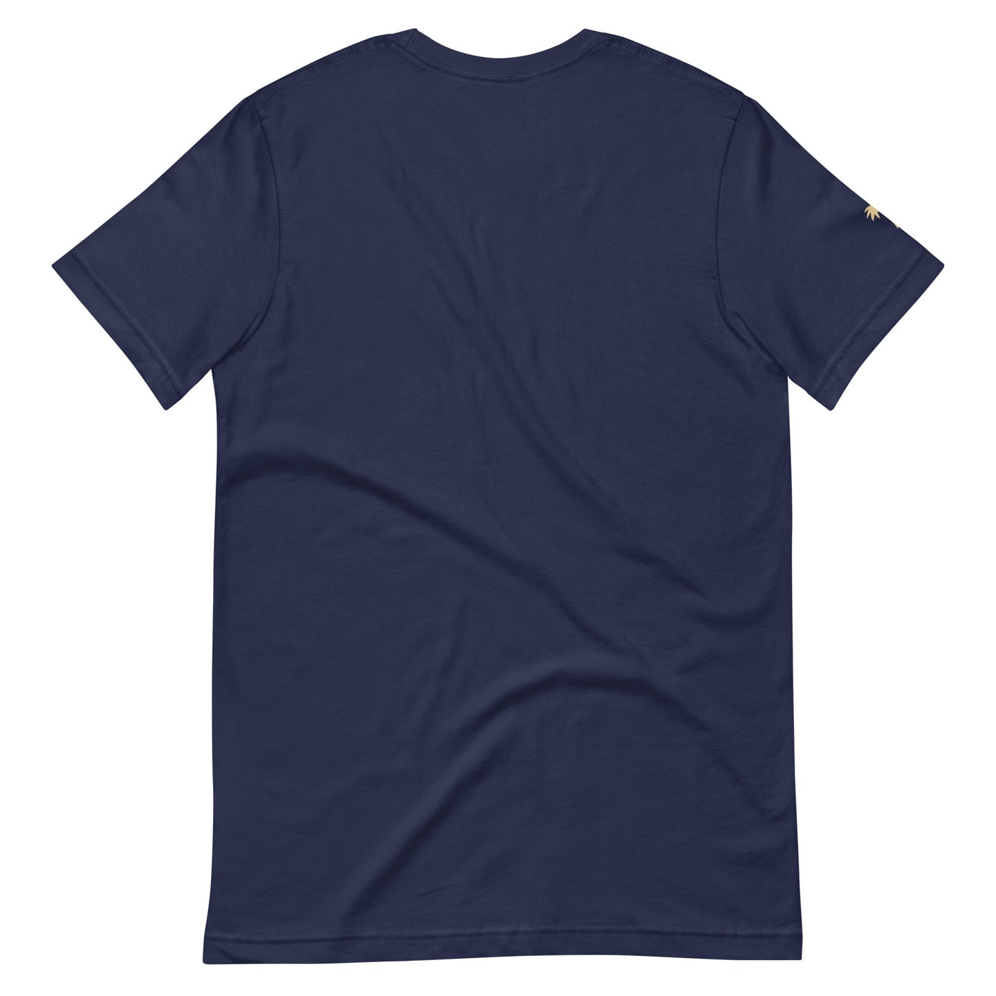 Navy blue short-sleeve fitted shirt shown from the back, plain design made of comfortable cotton with a small, light-colored graphic near the end of the left sleeve.
