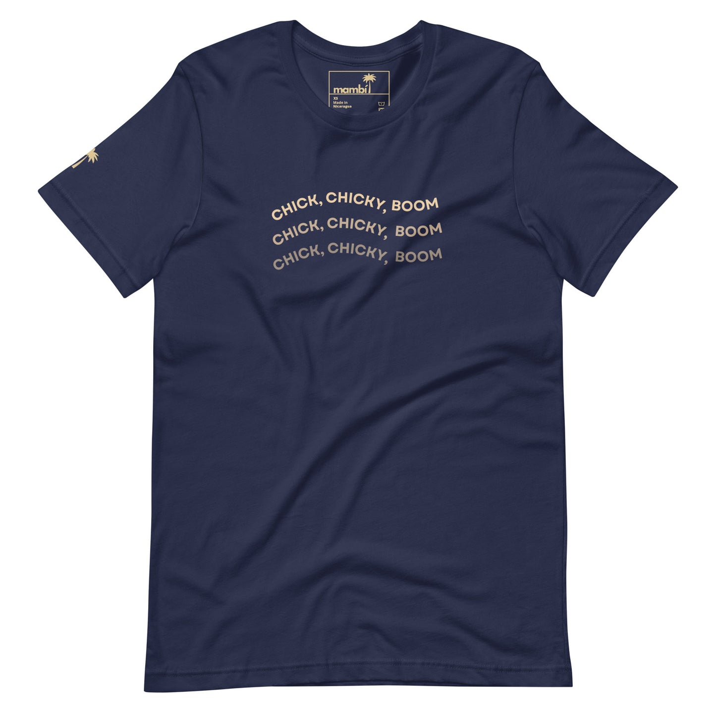 A navy graphic tee crafted from comfy cotton, showcasing CHICK, CHICKY, BOOM in wavy white text on the chest and a palm tree logo on the left sleeve.