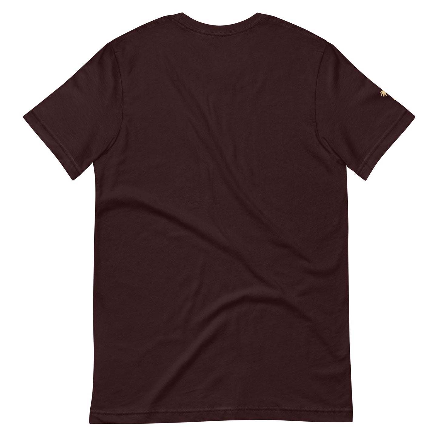 A plain, short-sleeve, dark maroon fitted shirt is shown laid flat with the back facing up. Made from comfortable cotton, it features a small, subtle gold detail on the edge of the left sleeve.