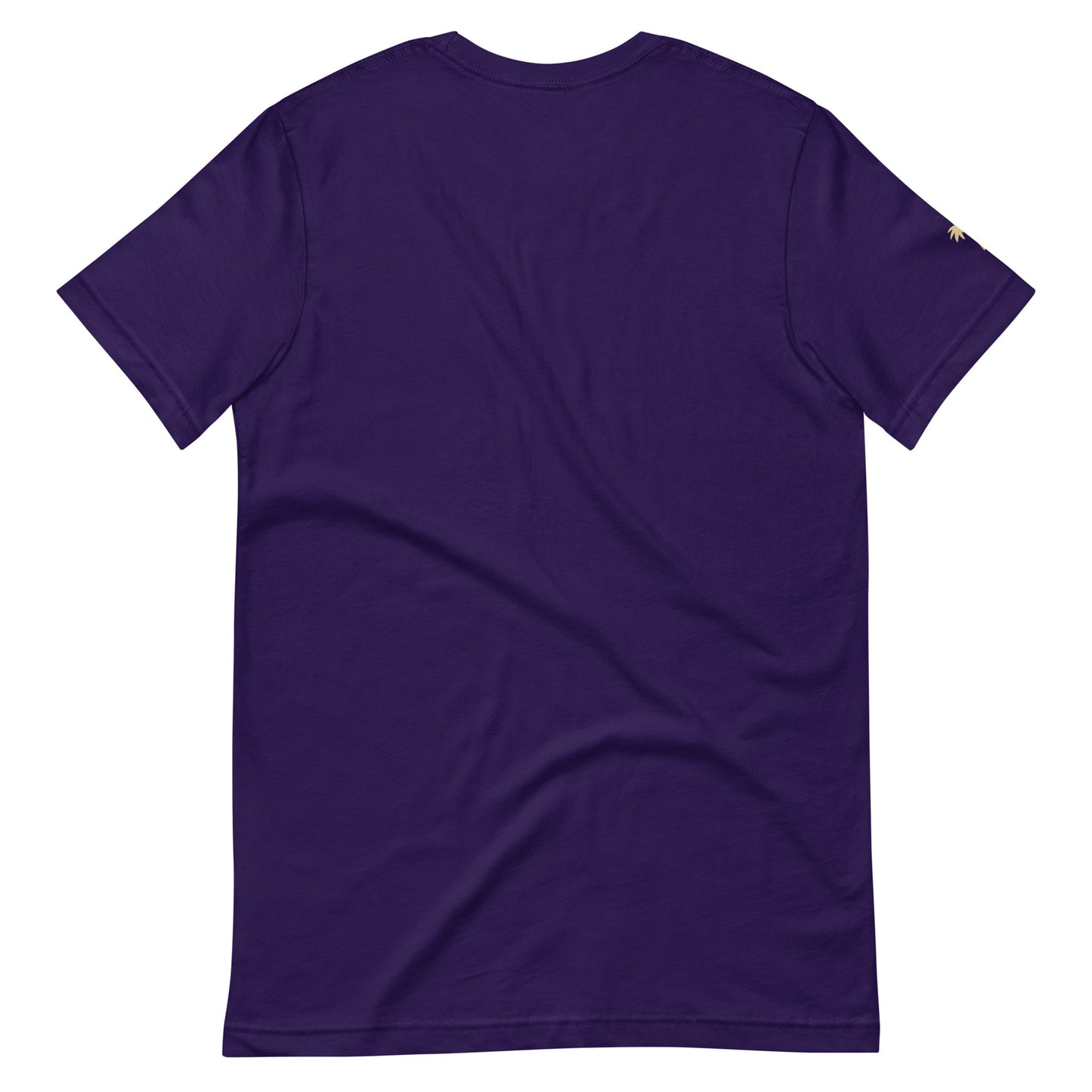 A plain, short-sleeve, purple fitted shirt is shown from the back, made of comfortable cotton with a small gold logo on the left sleeve near the shoulder.
