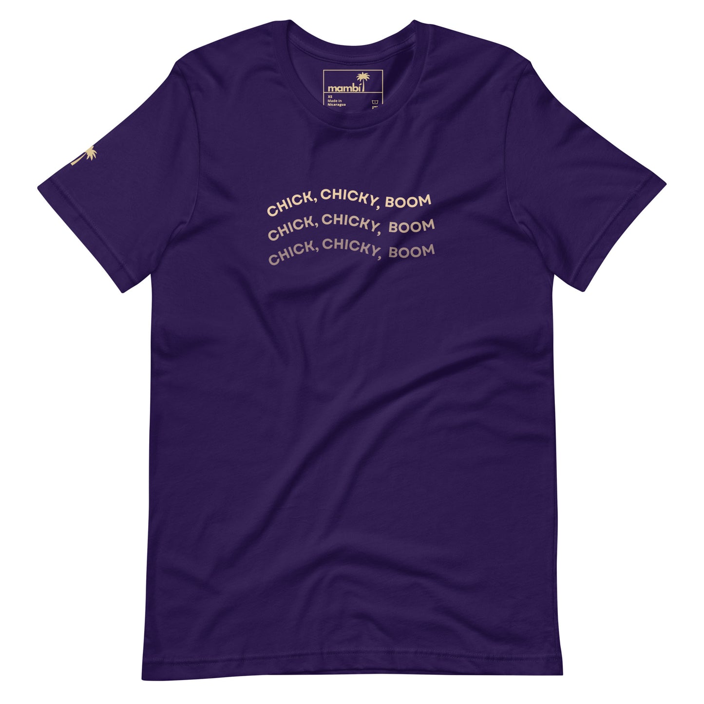 Team Purple fitted graphic tee with “CHICK, CHICKY, BOOM” repeated three times in light pink curved text across the chest. Made from comfortable cotton and finished with a small golden palm tree on the left sleeve.
