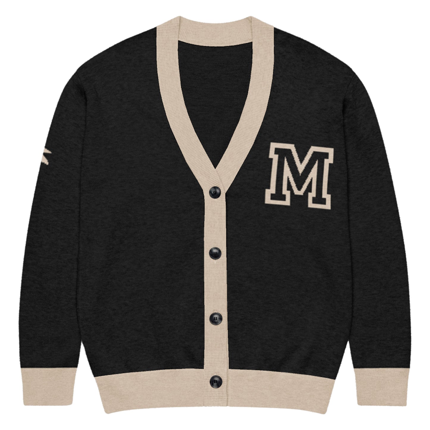 A unisex black & taupe cardigan with beige trim, featuring a large taupe letter M on the left chest and a taupe patch on the right sleeve. This jacquard knit has a V-neck and five black front buttons.