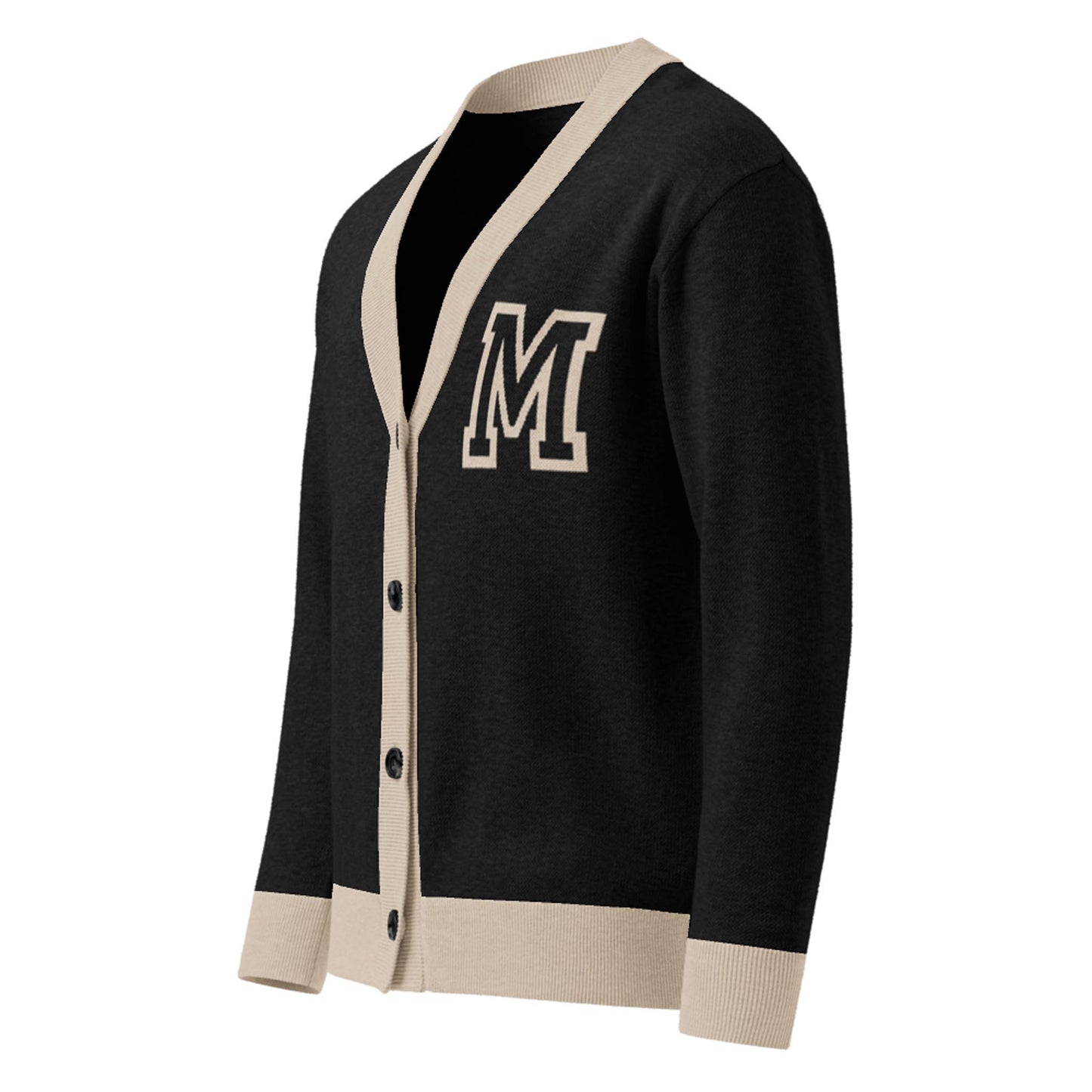 A stylish two-tone cardigan with black and beige trim, featuring a large white M patch on the left chest and button closure. This unisex cardigan is perfect for elevating any look.