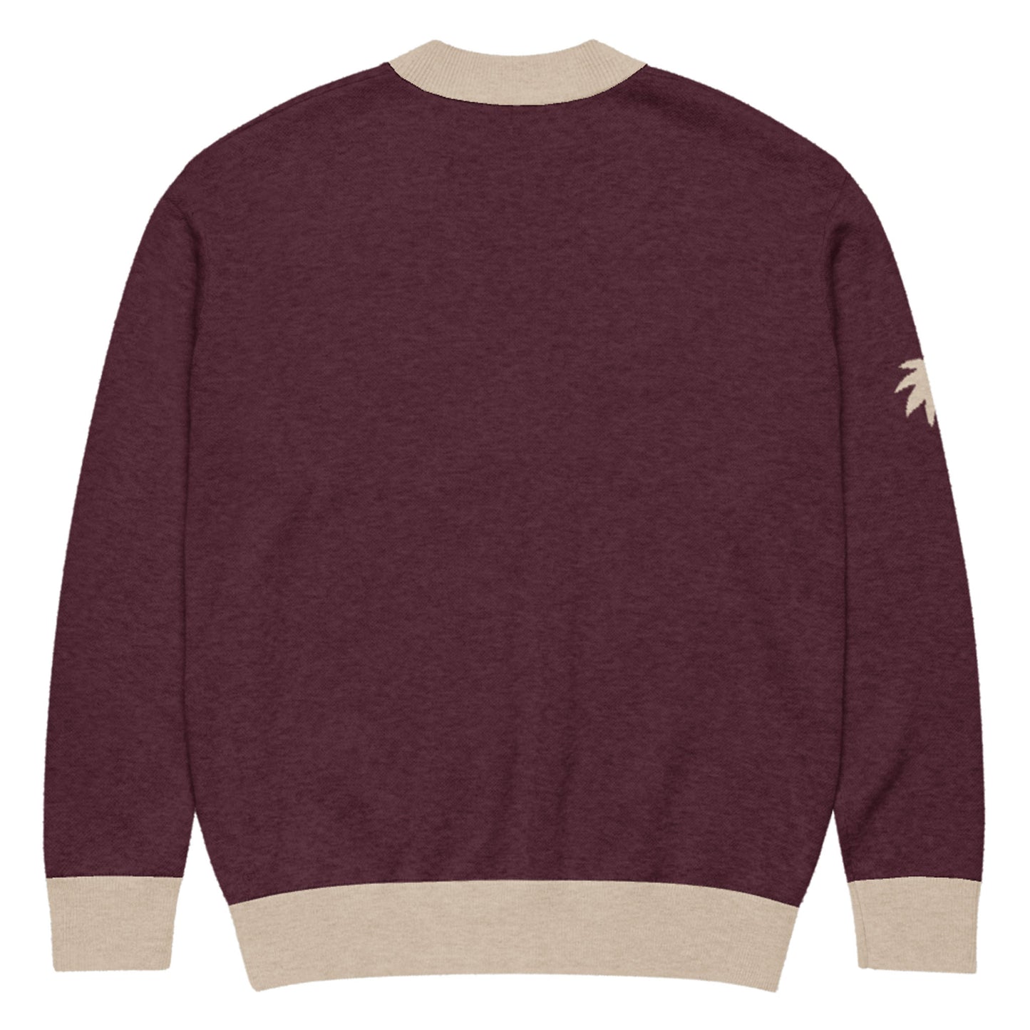 A maroon unisex sweater in a lightweight knit, featuring beige ribbed cuffs, collar, and hem. A partial beige palm tree graphic decorates the left sleeve near the shoulder. Sweater is shown from the back.