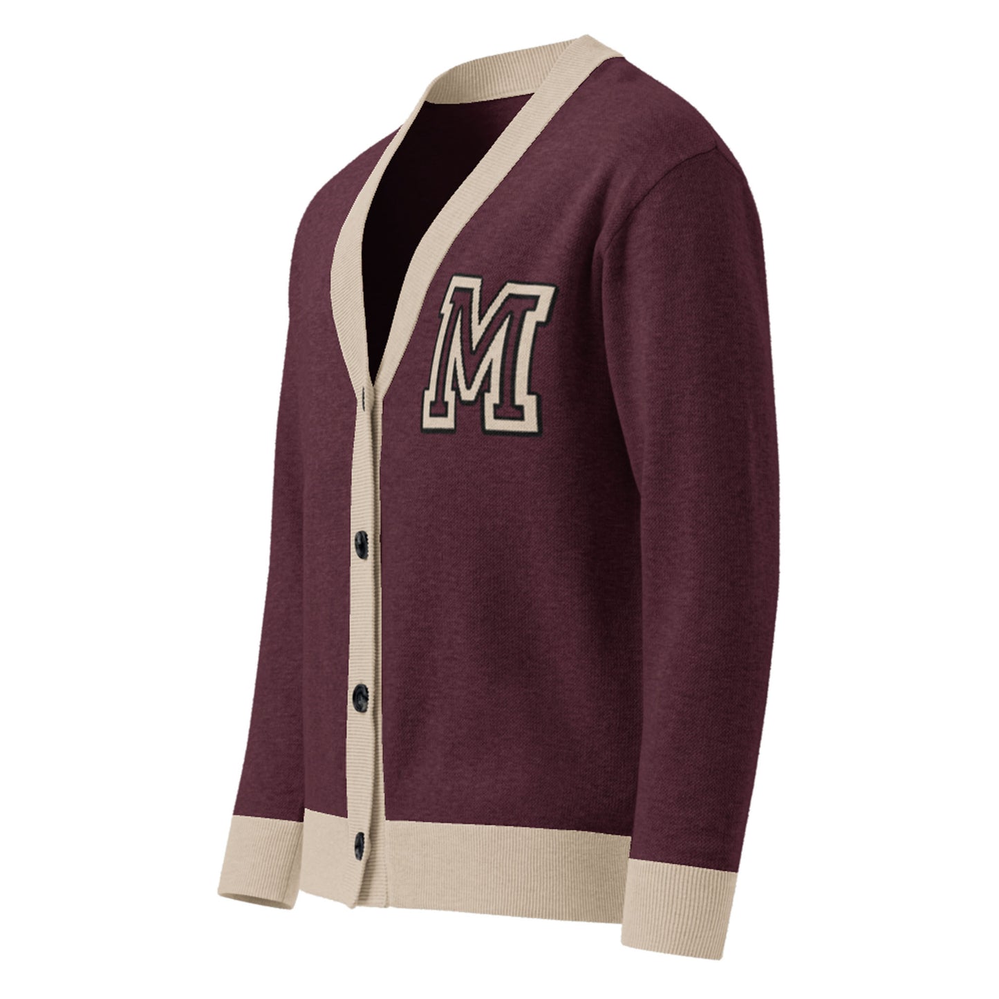 A lightweight knit maroon cardigan with cream-colored trim on the collar, button placket, and cuffs, featuring a large letter M patch on the left chest. This unisex sweater has black buttons and a varsity-style design.