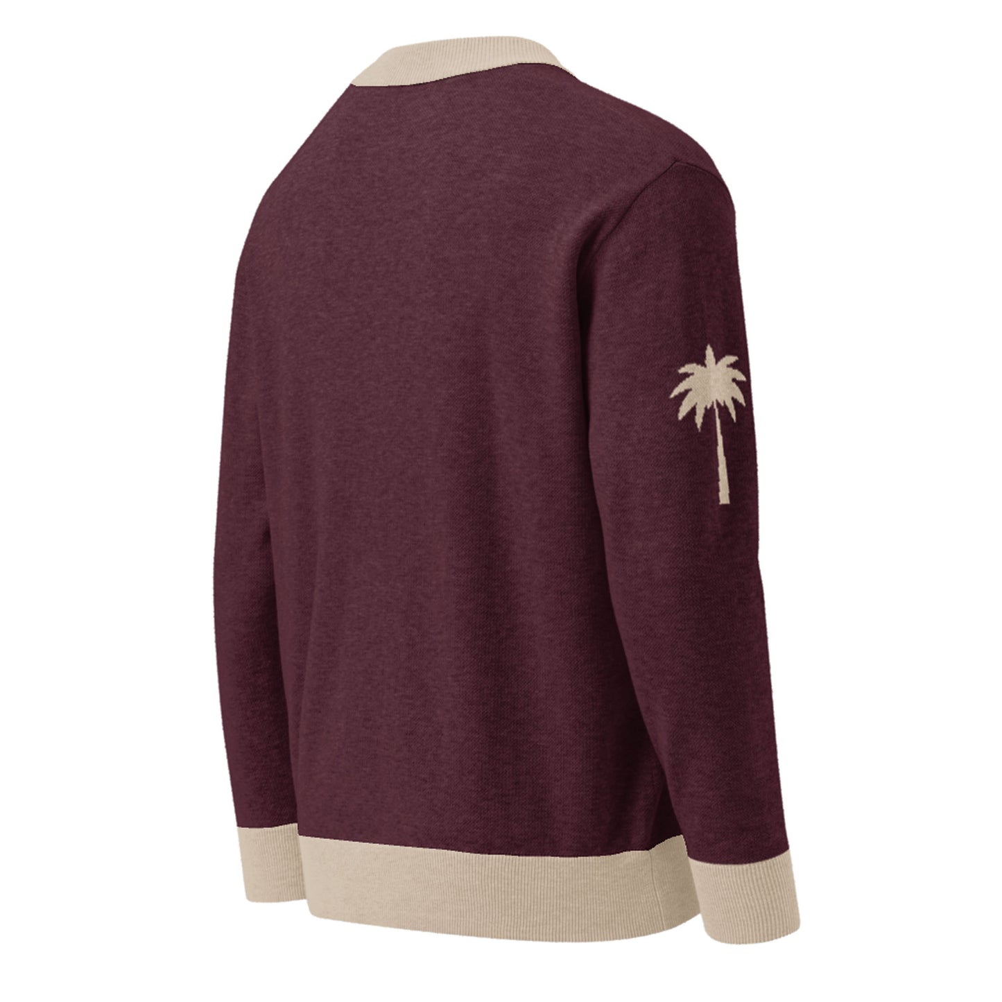 A maroon lightweight knit unisex sweater with cream-colored collar, cuffs, and hem, featuring a cream palm tree graphic on the left sleeve. The sweater is shown from the back.