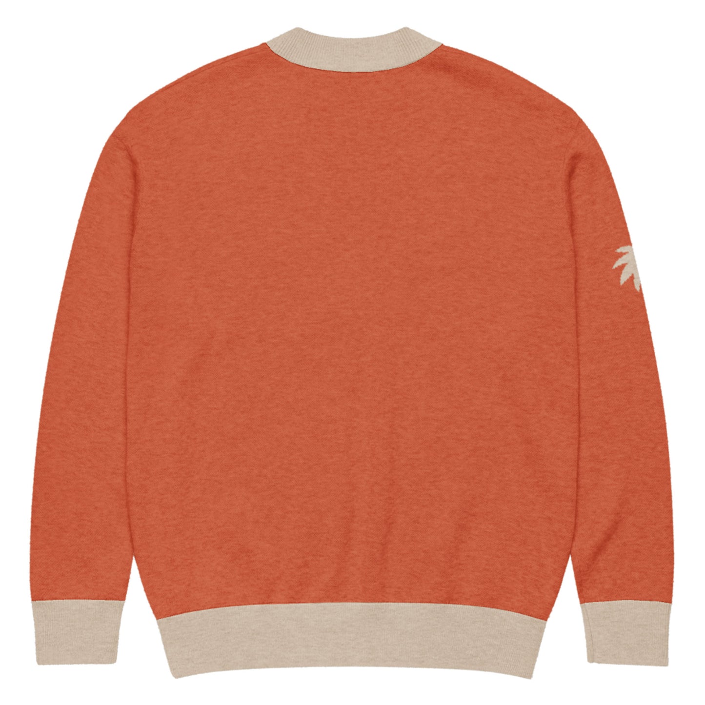 An orange two-tone cardigan with beige collar, cuffs, and hem. A small white palm tree graphic accents the upper part of the right sleeve. The unisex cardigan is shown from the back.