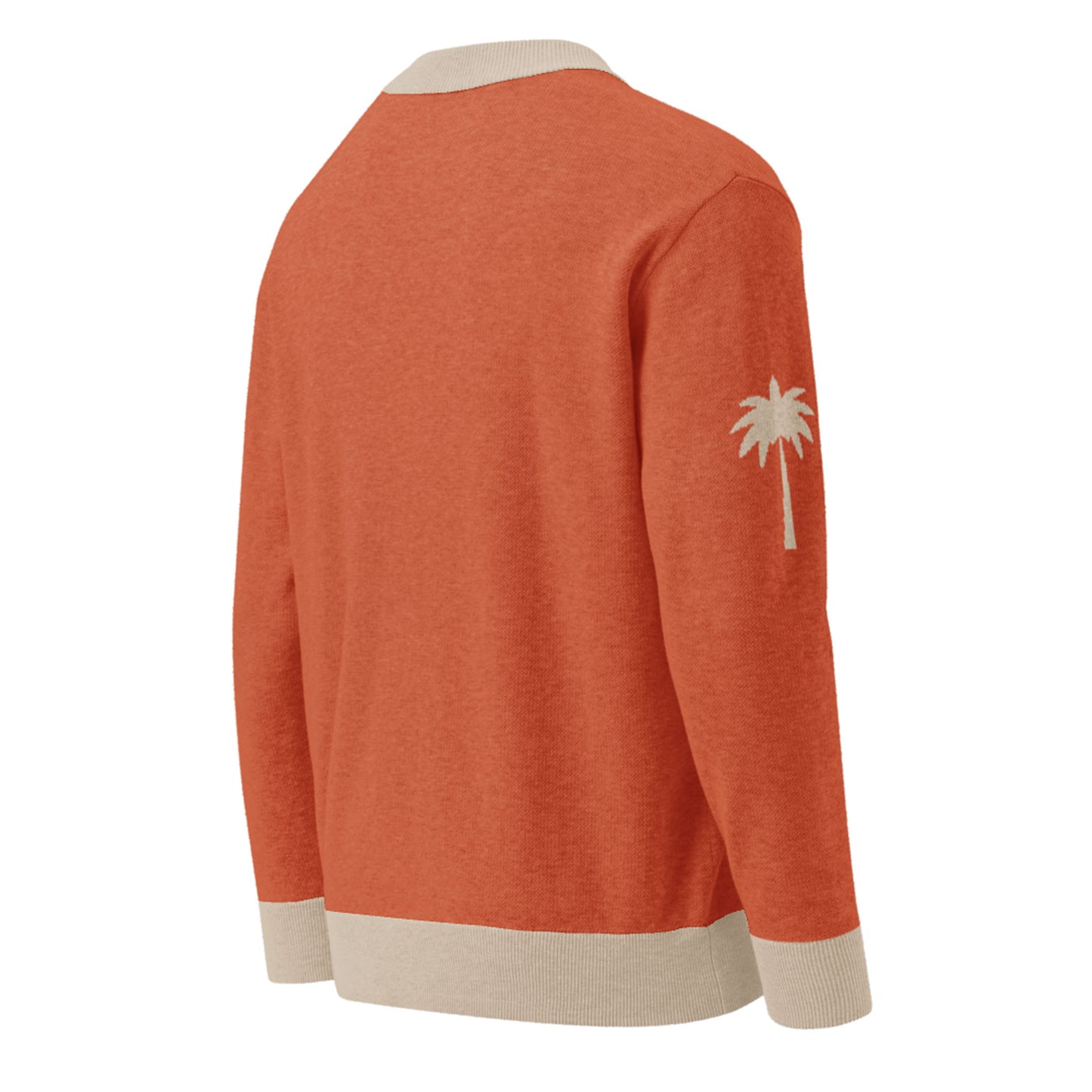 A rust-colored two-tone cardigan with beige cuffs, hem, and collar, featuring a beige palm tree graphic on the left sleeve. This unisex cardigan is shown from the back.
