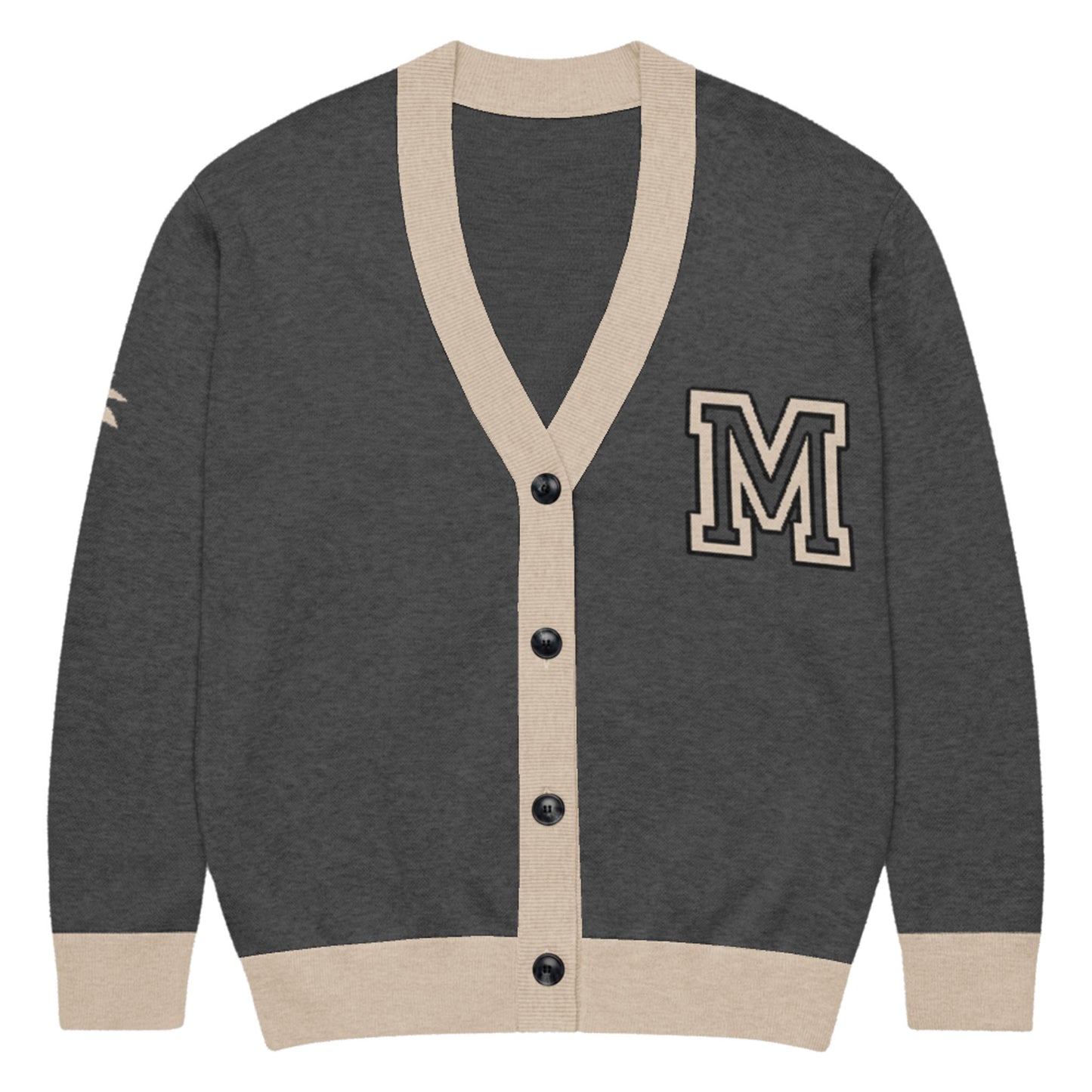 A charcoal and taupe two-tone cardigan with taupe trim on the neckline, button placket, cuffs, and hem, featuring a black-and-taupe letter M patch on the left chest.