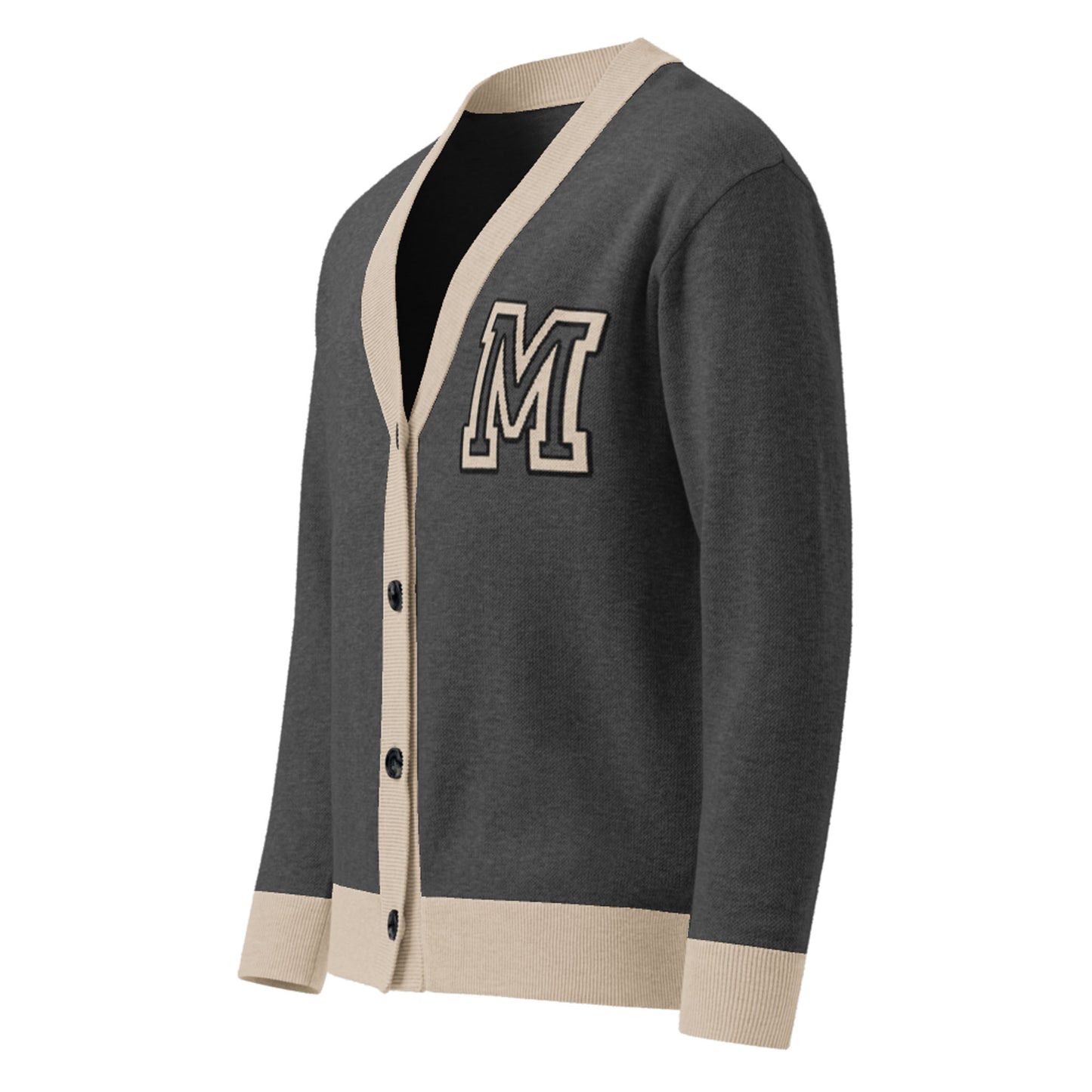 A unisex two-tone cardigan in dark gray with beige trim on the cuffs, hem, and neckline. Finished with black buttons down the front and a large, bold letter M patch on the left chest.