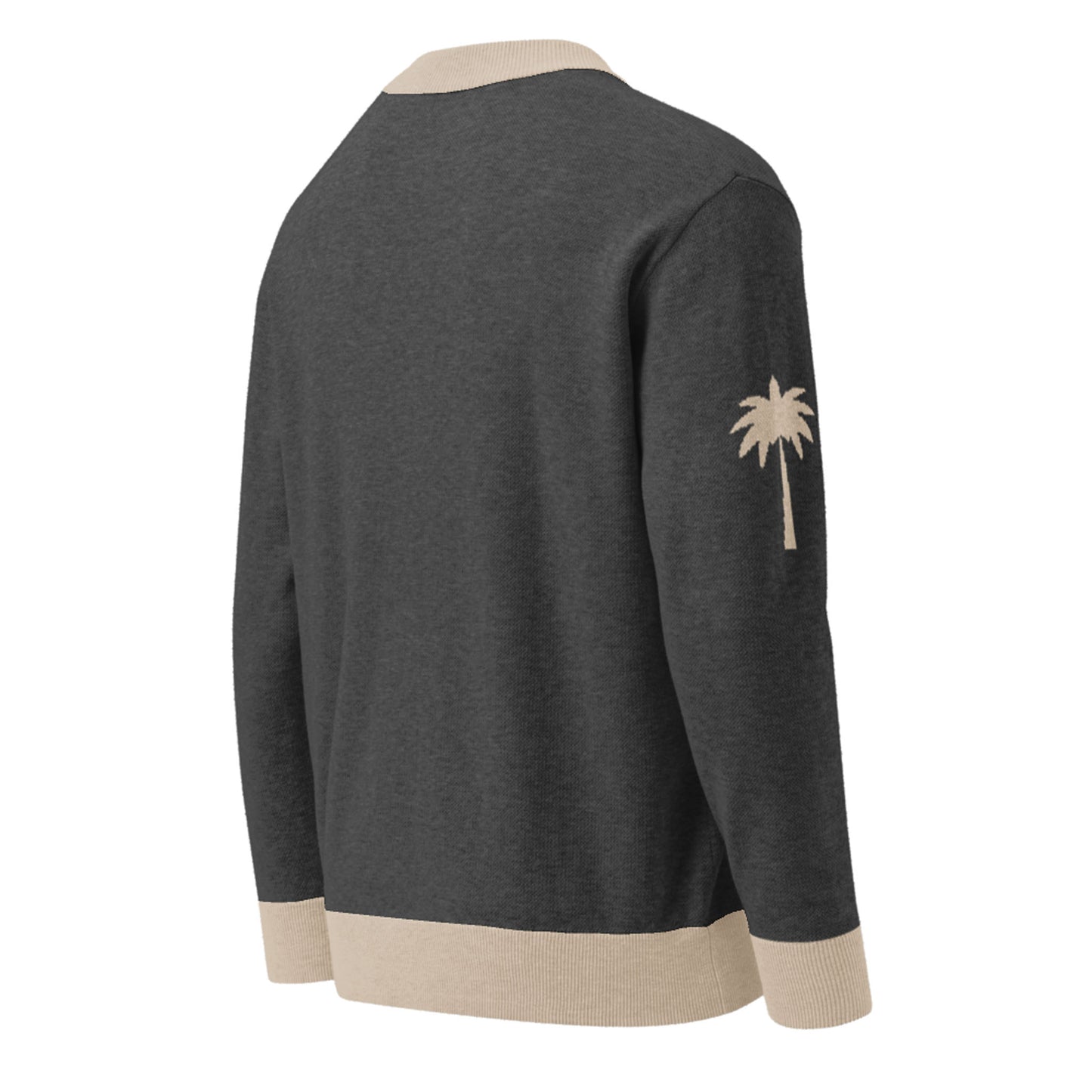 A dark gray two-tone cardigan with beige collar, cuffs, and hem, featuring a beige palm tree graphic on the left sleeve. The cardigan is displayed from the back.