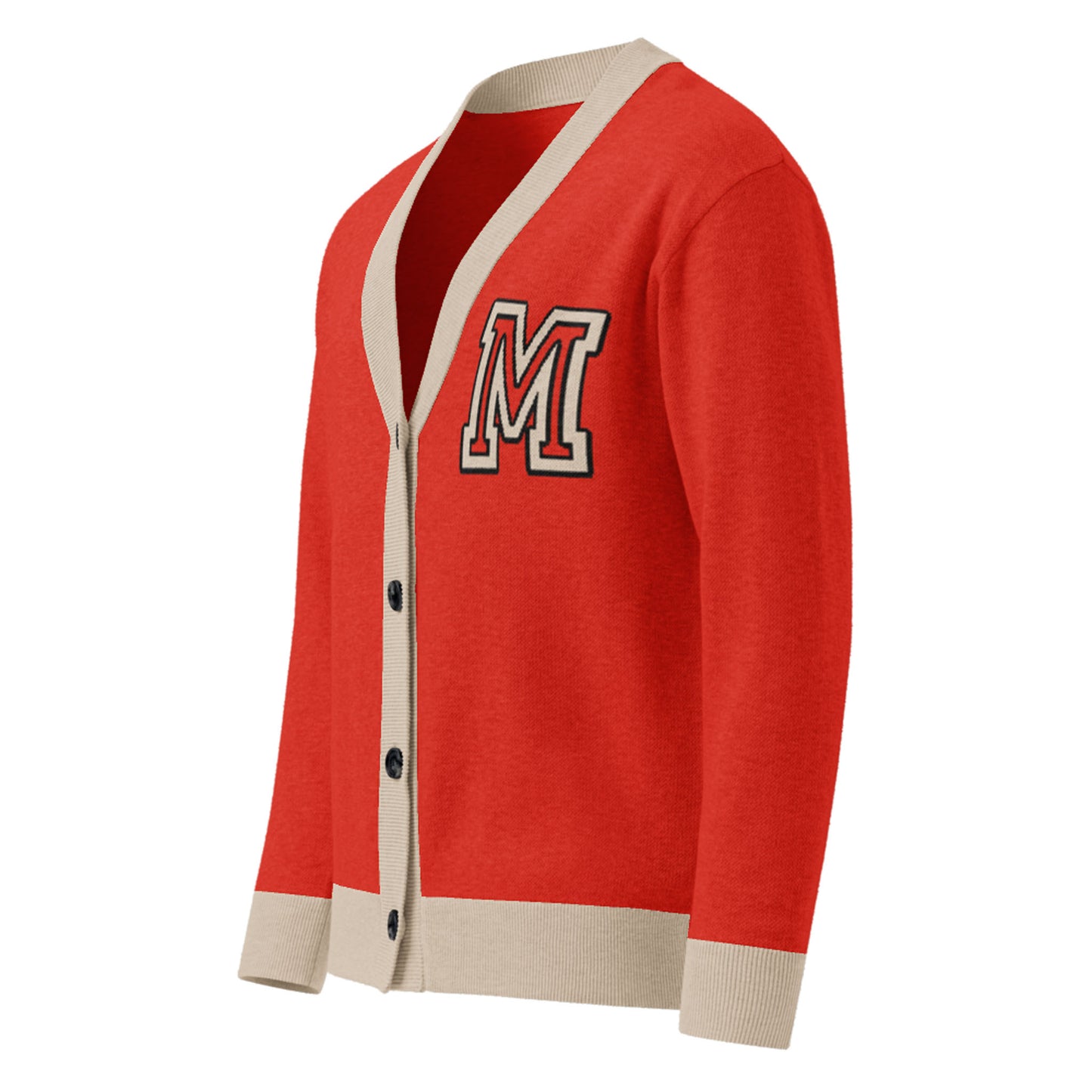 A two-tone cardigan in red with beige cuffs, collar, and waistband, featuring black buttons and a large black-outlined letter M patch on the left chest.