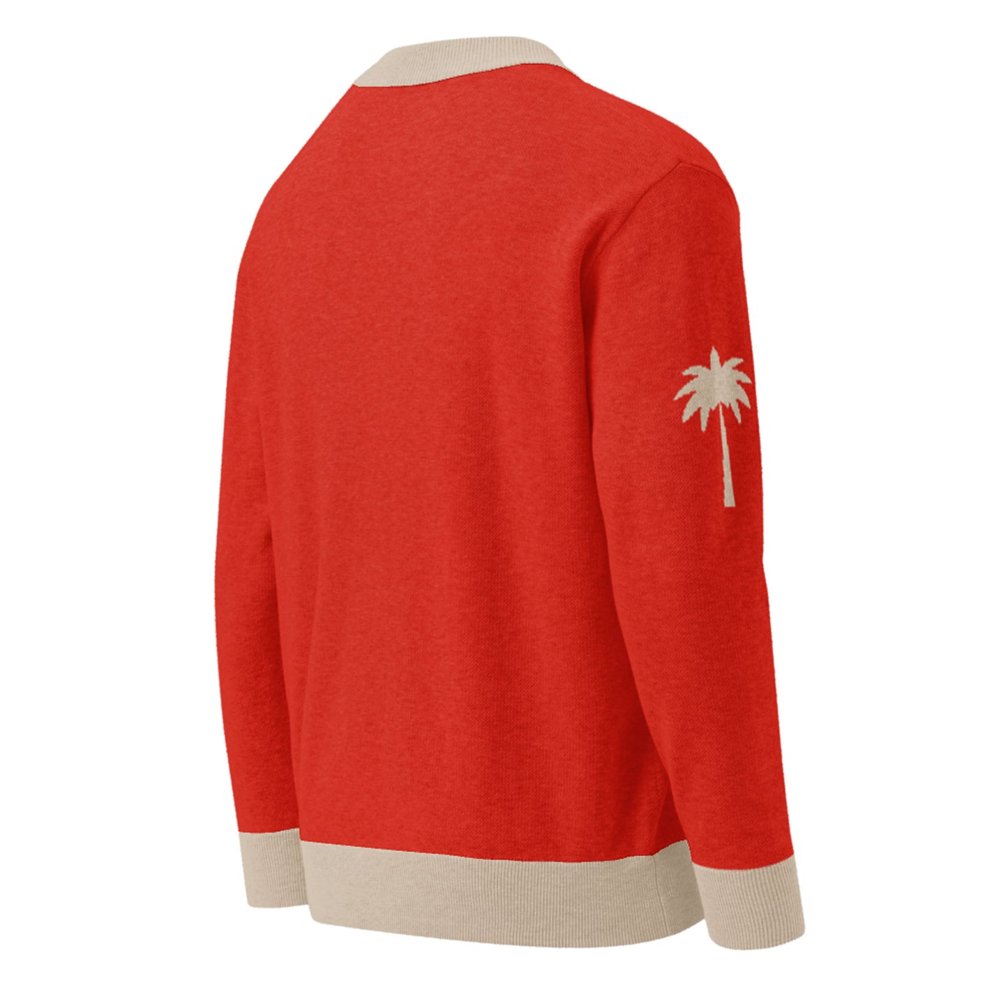 A two-tone cardigan in red with beige ribbed cuffs, hem, and collar, featuring a beige palm tree graphic on the upper left sleeve. The unisex cardigan is shown from the back.