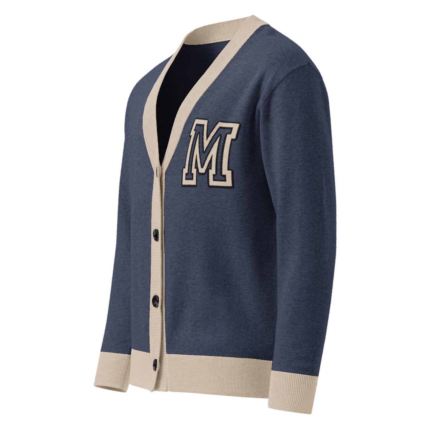 A navy blue jacquard knit cardigan with cream trim, button front, and a large cream and black letter M patch on the left chest. The cuffs and hem are also cream-colored.