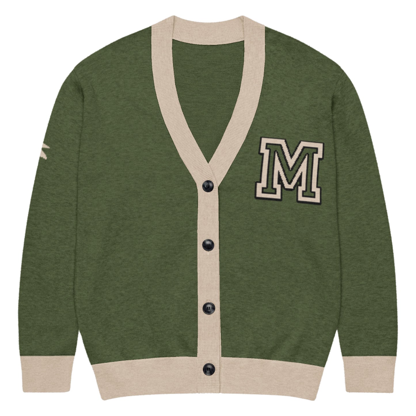 An olive and taupe two-tone cardigan with black front buttons and a large letter M patch on the left chest.