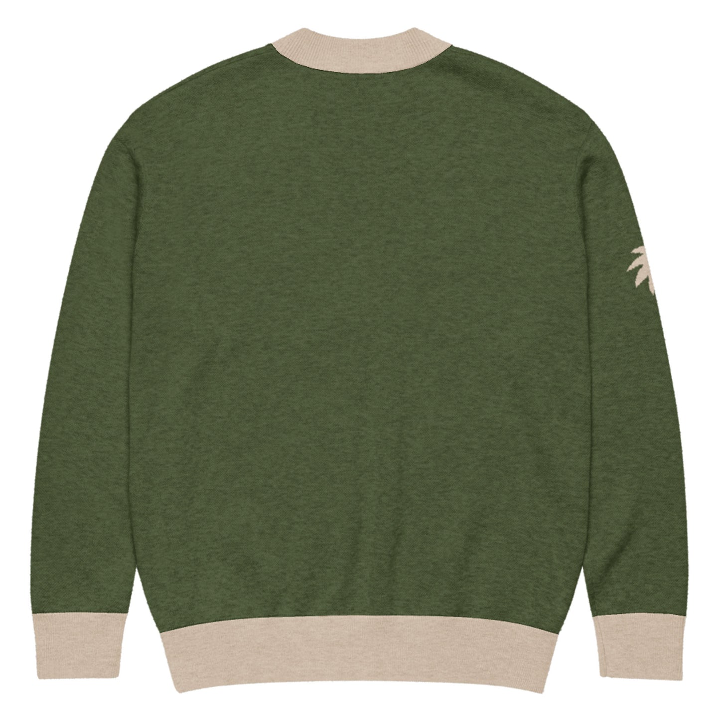A green unisex cardigan with beige ribbed cuffs, collar, and hem. A small, beige palm tree graphic accents the left sleeve near the shoulder. The image shows the back of this stylish two-tone cardigan.