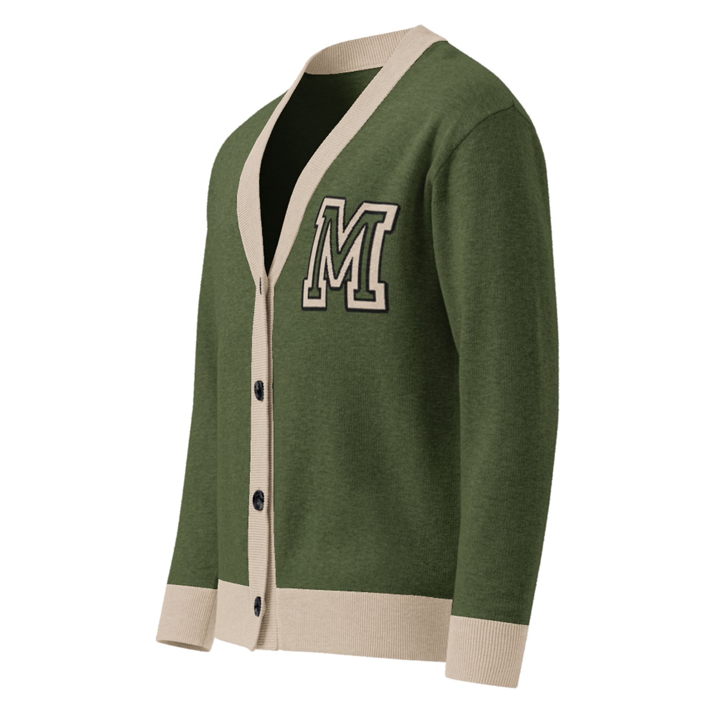 Green jacquard knit cardigan with beige trim on the collar, button placket, cuffs, and hem. This two-tone cardigan features black buttons and a large white and black letter M patch on the left chest.