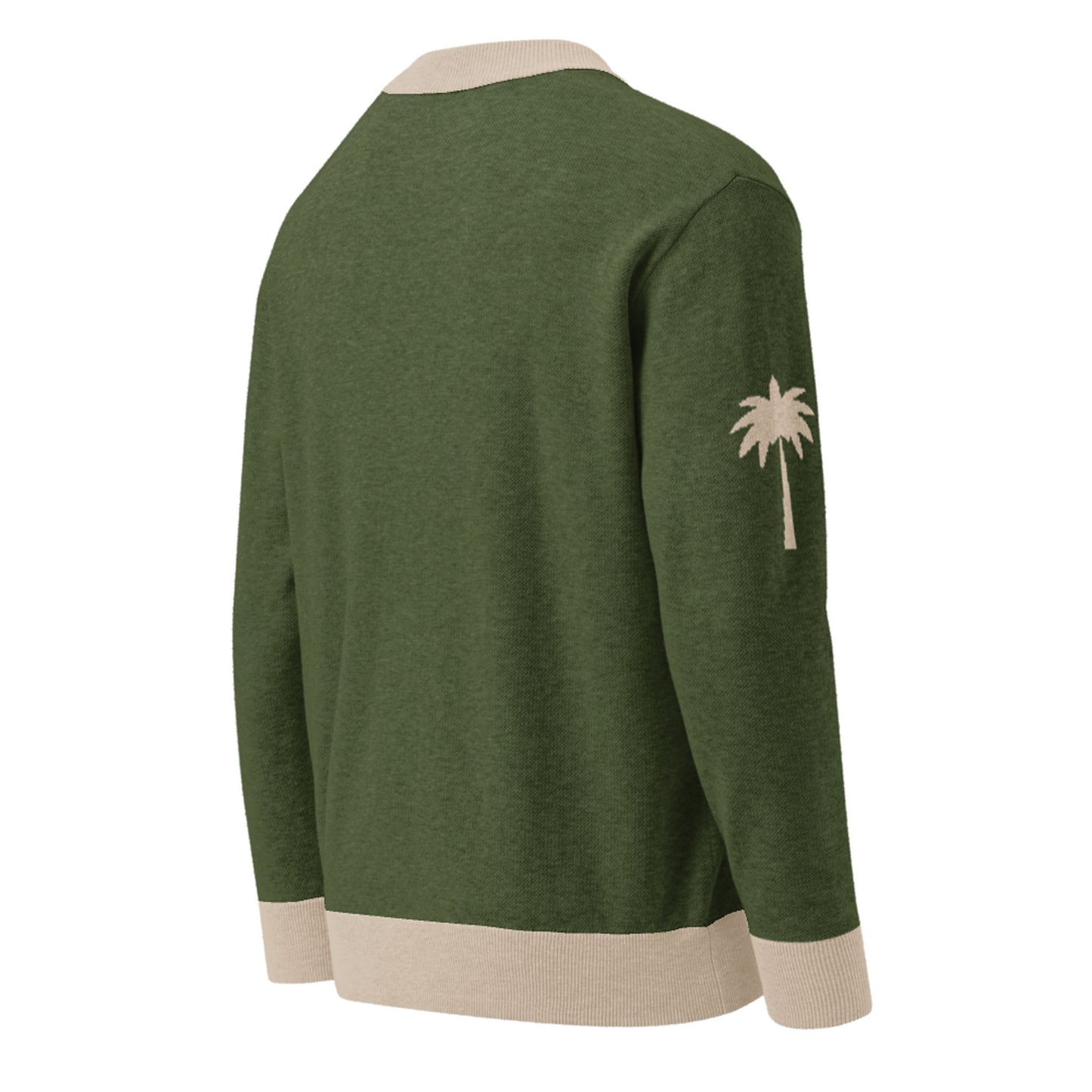 A two-tone cardigan in green with beige trim on the collar, cuffs, and hem, featuring a beige palm tree graphic on the left sleeve, shown from the back.