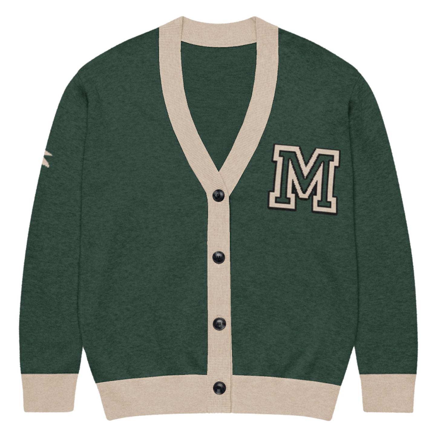 A stylish two-tone cardigan in Pine & Taupe with black buttons and a bold taupe letter M patch on the chest, plus a taupe stripe on the right sleeve for added flair.