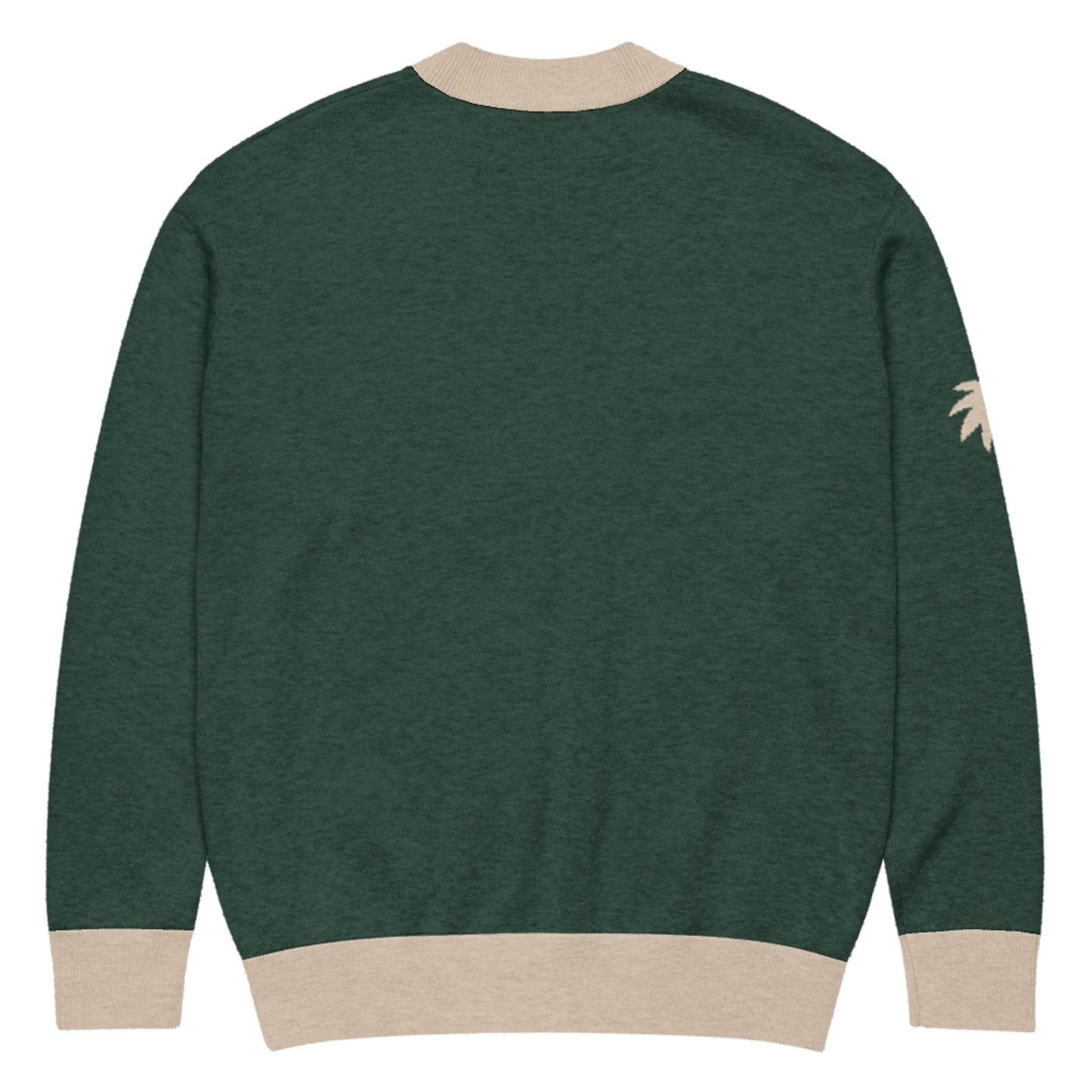 A dark green two-tone cardigan with beige cuffs, hem, and collar, shown from the back. A small beige palm tree graphic appears on the left sleeve.