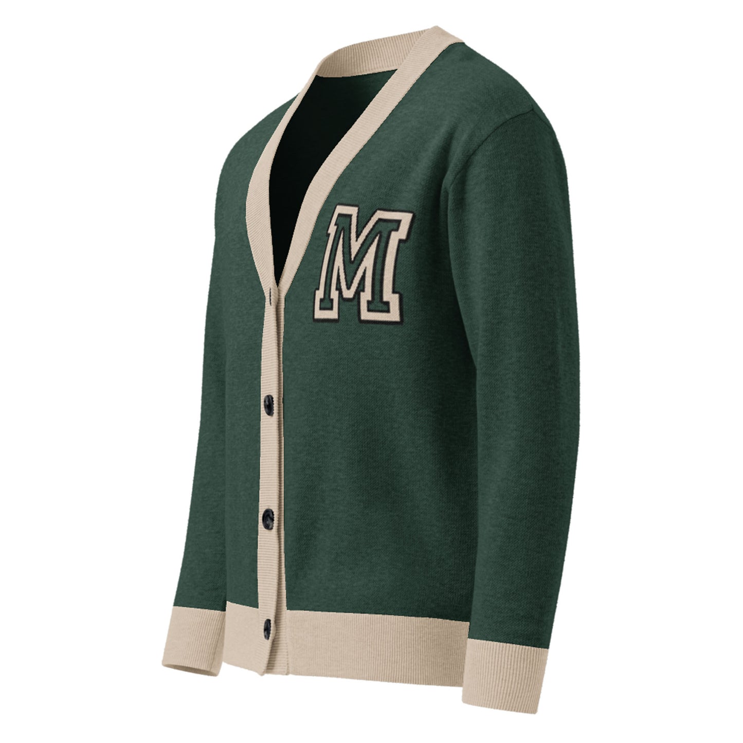 A two-tone cardigan in green with beige trim and cuffs, featuring a large white-outlined letter M patch on the left chest. This unisex cardigan has a V-neck and buttons down the front for classic style.