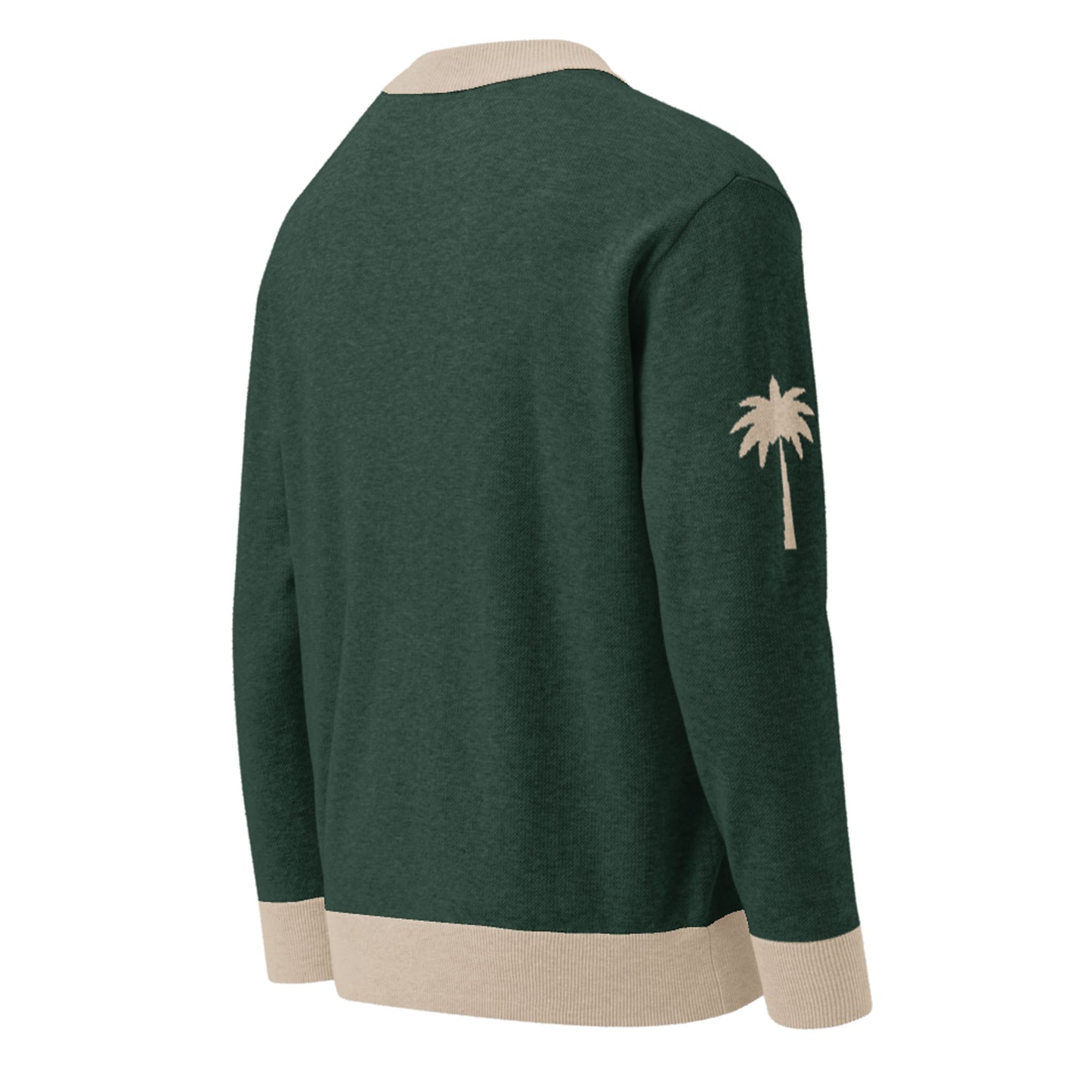 A dark green two-tone cardigan with beige cuffs, collar, and hem, featuring a small beige palm tree design on the left sleeve.