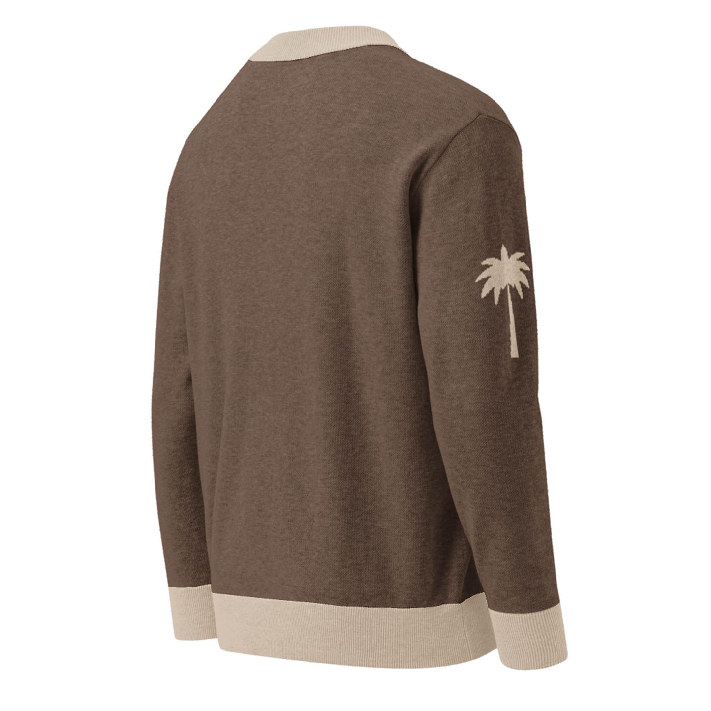 Brown two-tone cardigan with light beige ribbed cuffs, hem, and collar. The back is plain, and the left sleeve features a simple beige palm tree graphic near the shoulder.