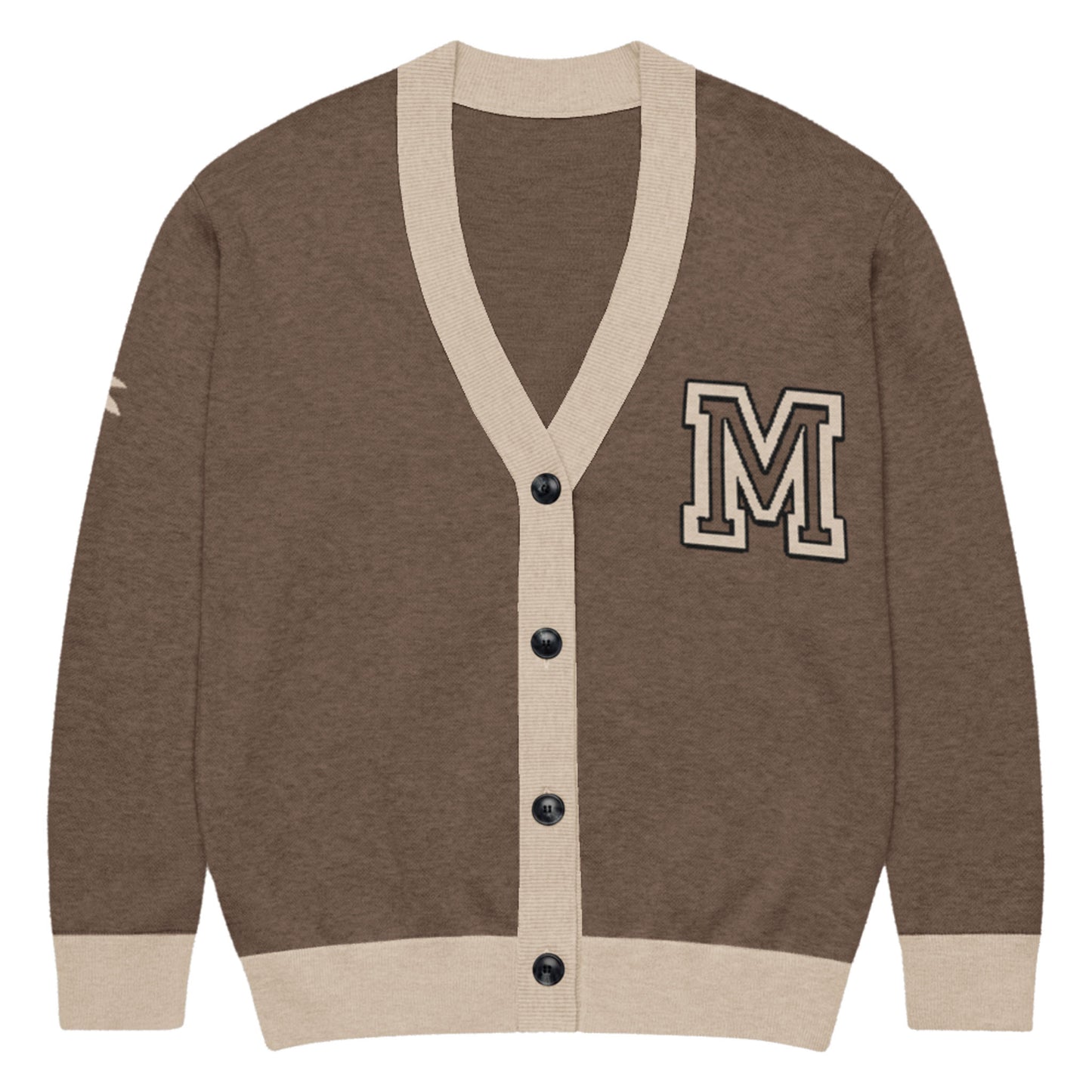 A soft, unisex cardigan with light beige trim on the collar, cuffs, and hem. It features black buttons down the front and a large varsity-style letter M patch on the left chest.