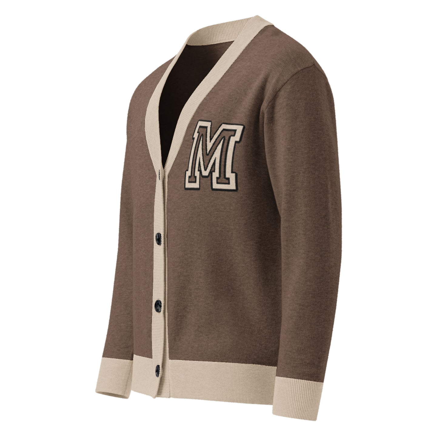 A two-tone cardigan in brown with cream trim on the collar, cuffs, and hem, featuring black buttons and a large letter M patch on the left chest.