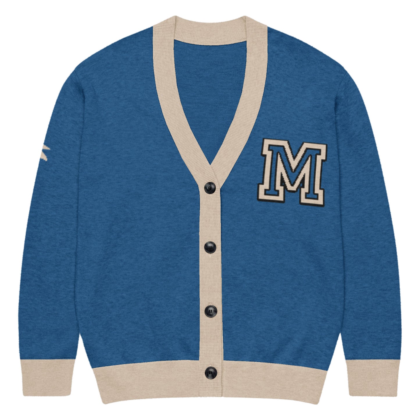 A soft unisex cardigan in blue with beige trim, beige cuffs and hem, black buttons, and a large beige and black letter M patch on the left chest. Features jacquard knit details and a small beige design on the right sleeve.