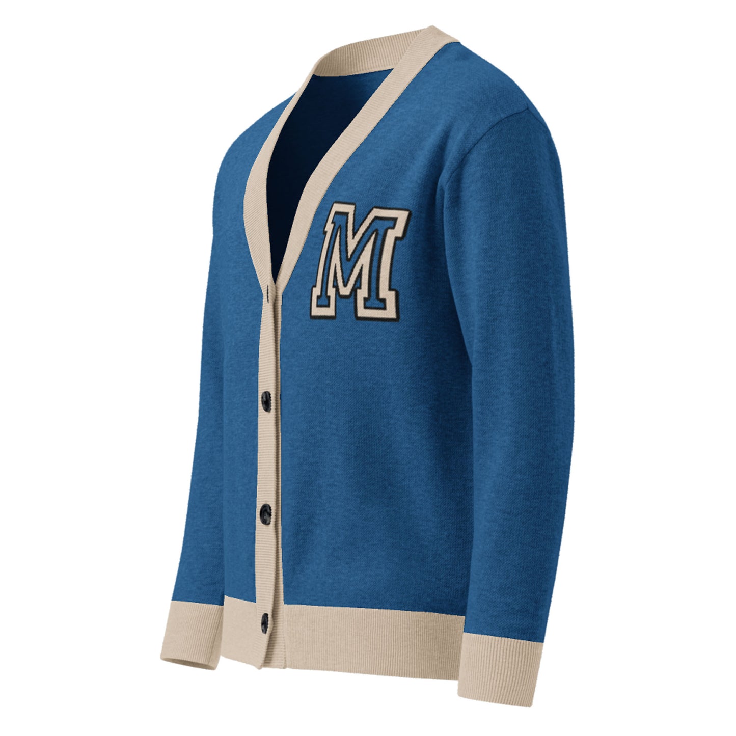 A soft, unisex cardigan in blue with beige trim, cuffs, and waistband, featuring a jacquard knit large letter M patch on the left chest and black buttons down the front.