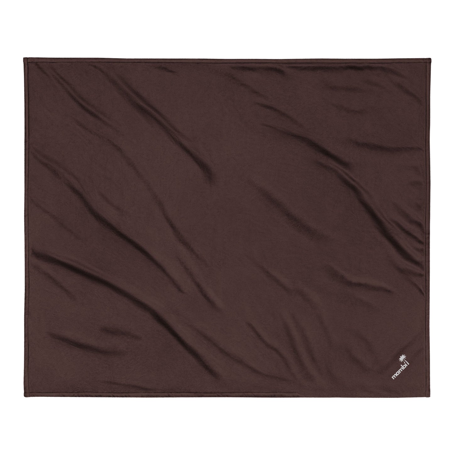 A flat, brown fleece blanket with slight wrinkles, featuring a small white embroidered logo in one corner on a plain white background.