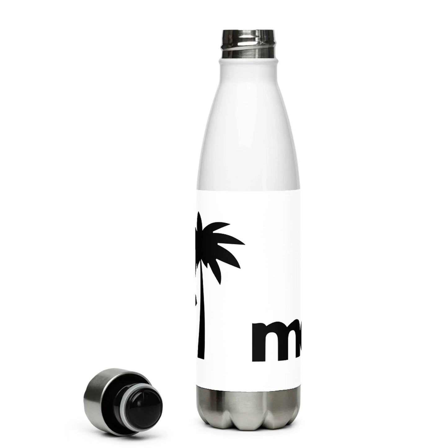 The Printful Pura Stainless Water Bottle (17oz, white) features a double-walled design with a black palm tree graphic and mo lettering. Its black and silver insulated cap is shown resting beside the bottle.