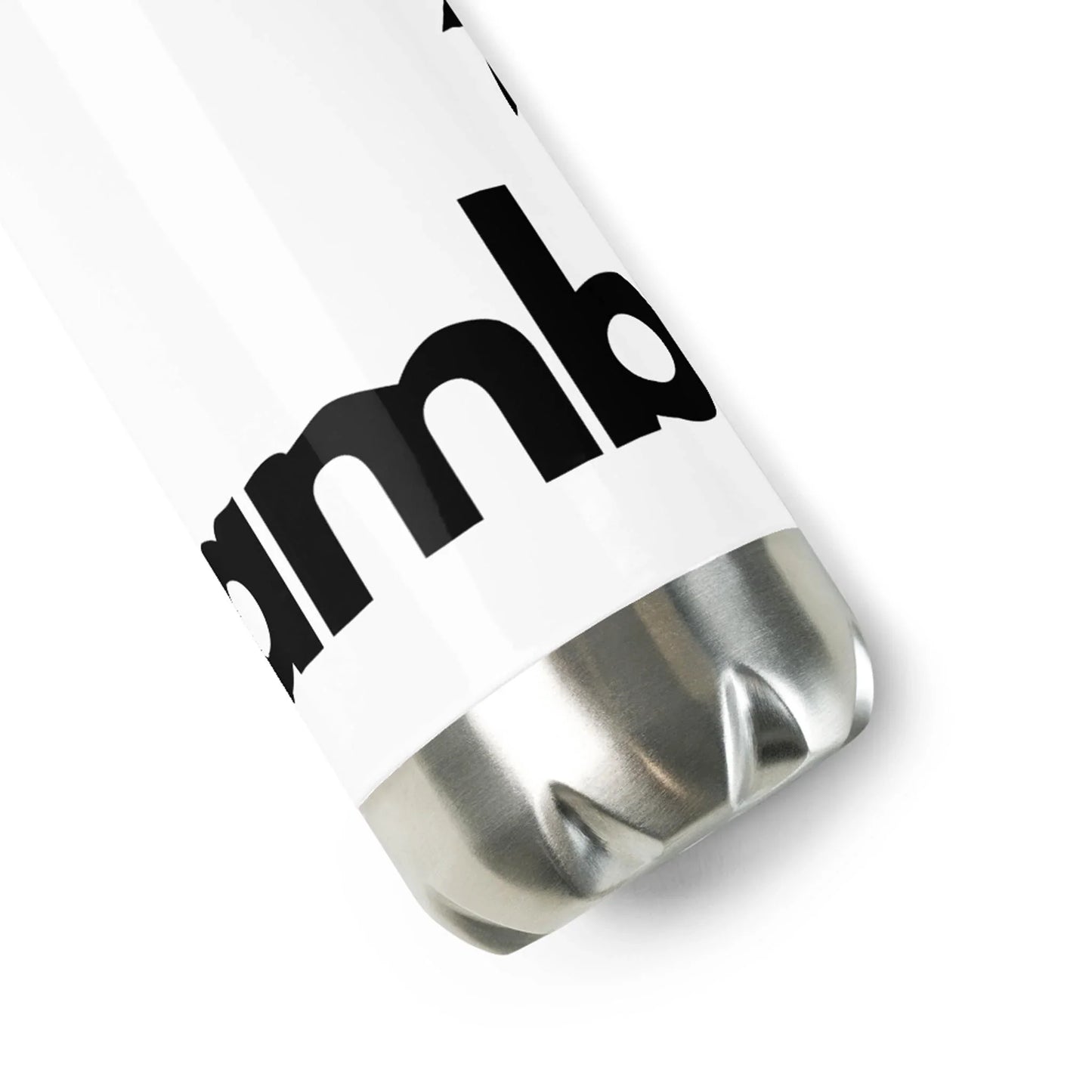 Close-up of the bottom of a Pura Stainless Water Bottle (17oz, White) by Printful, showing its metallic base and large bold black lettering on the double-walled, insulated surface. Background is white.