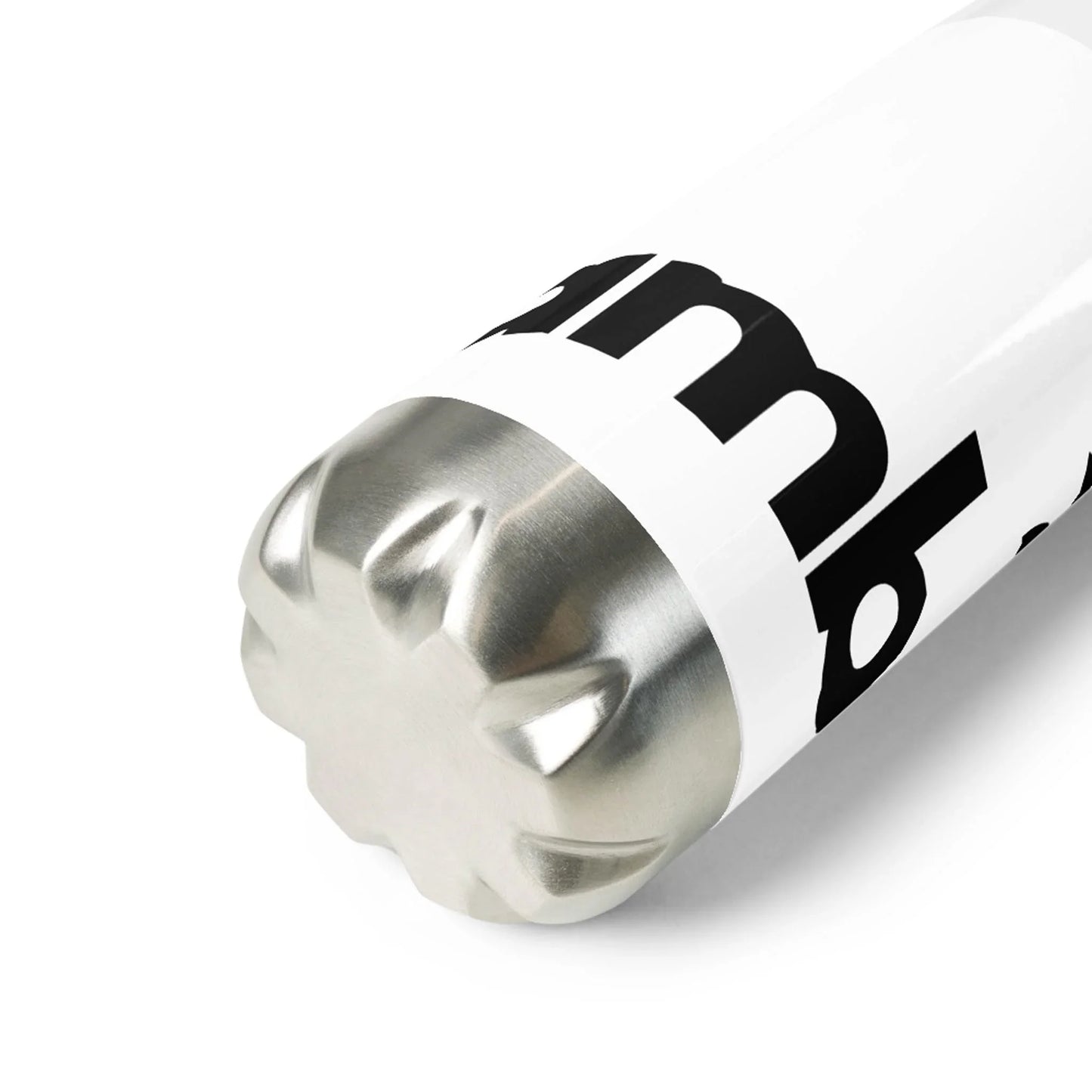 Close-up of the base of the Printful Pura Stainless Water Bottle, 17oz, in white, featuring a metallic bottom and partially visible bold black lettering.