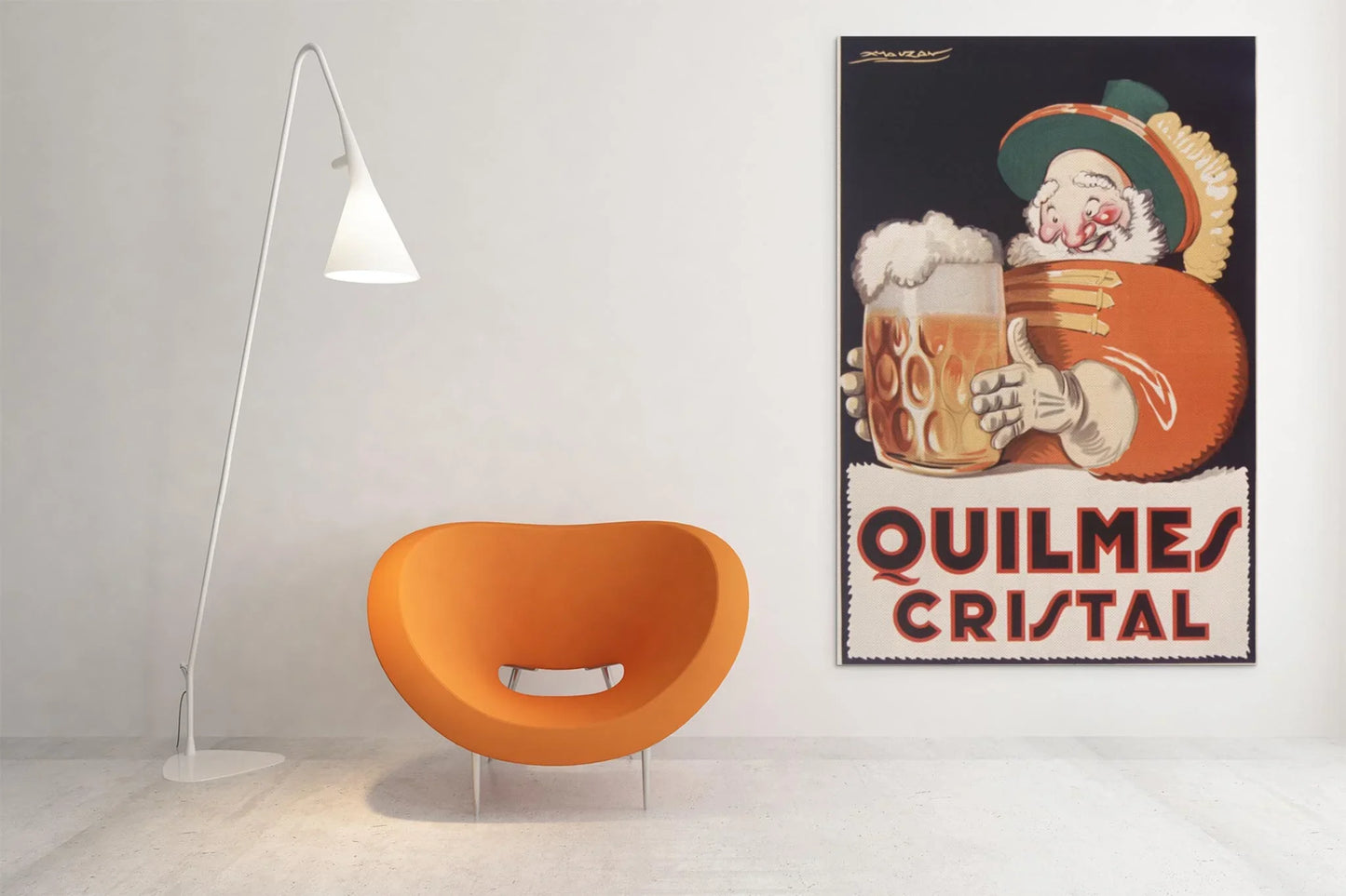 A modern room with a white floor lamp, an orange curved chair, and a large vintage-style Mambí poster of a clown holding beer labeled Quilmes Cristal on a white wall.