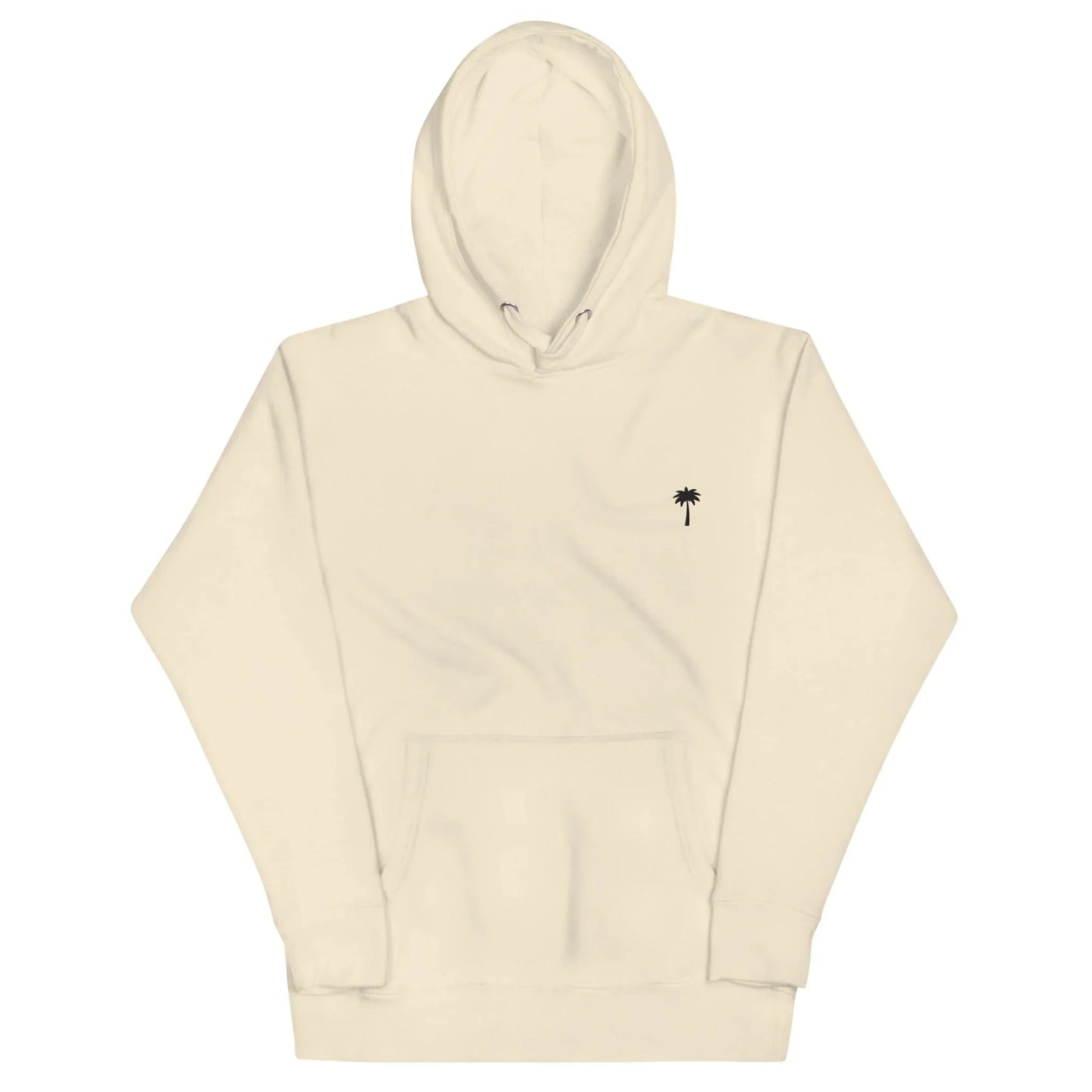 Beige Mambí hooded sweatshirt with a front pocket and a small black palm tree graphic on the left chest.