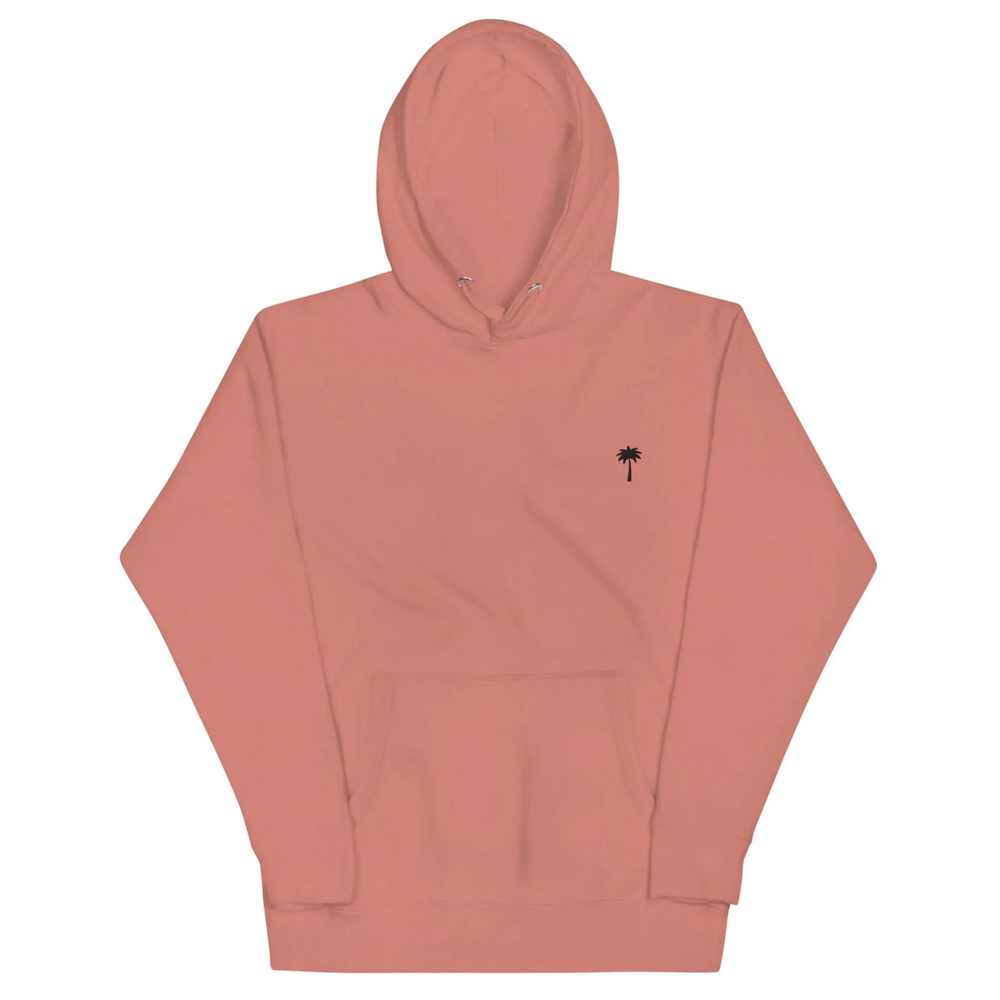 A pink Mambí hooded sweatshirt with a front pocket and a small black palm tree graphic on the left chest.