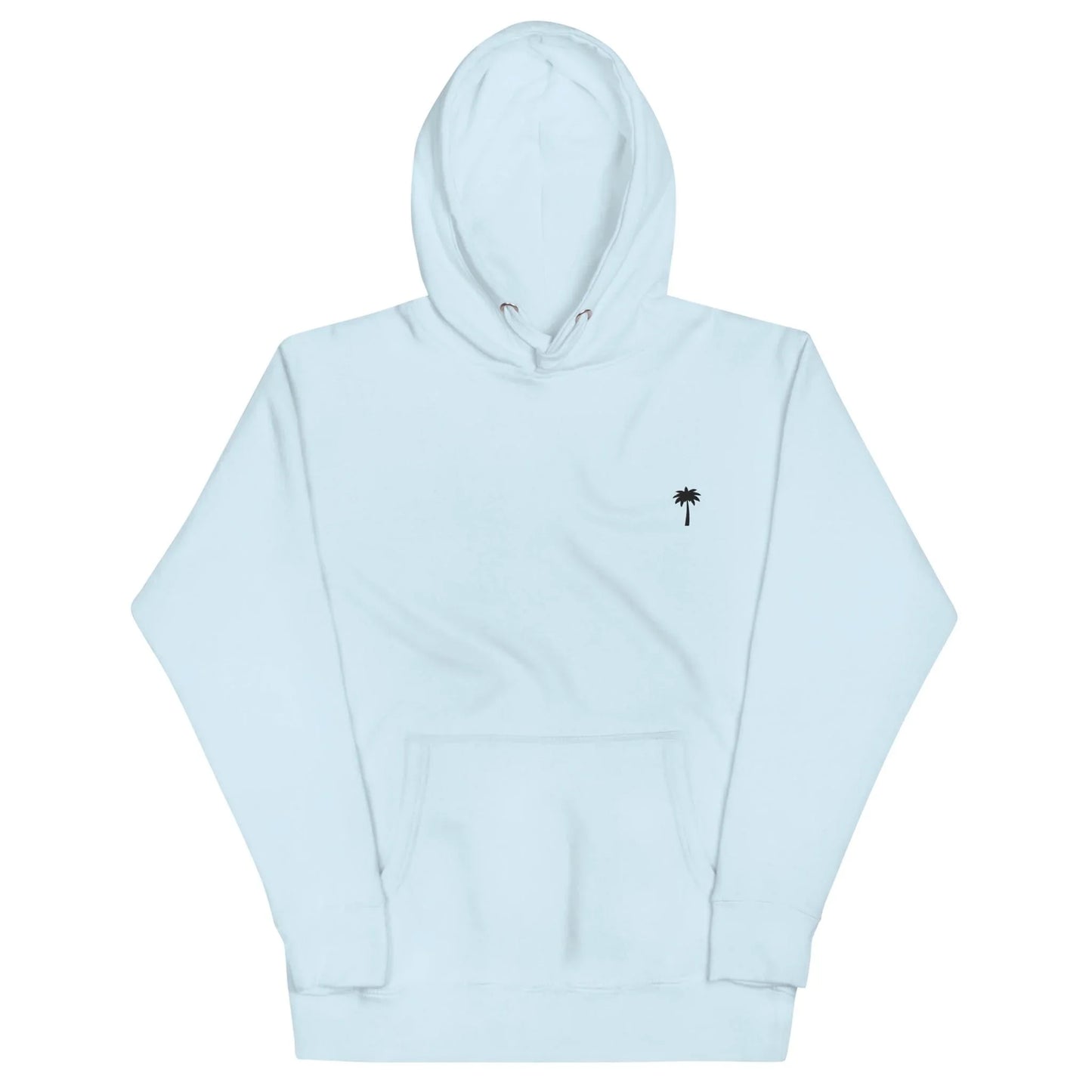 Light blue Mambí hooded sweatshirt featuring a front pocket and a small black palm tree graphic on the left chest.