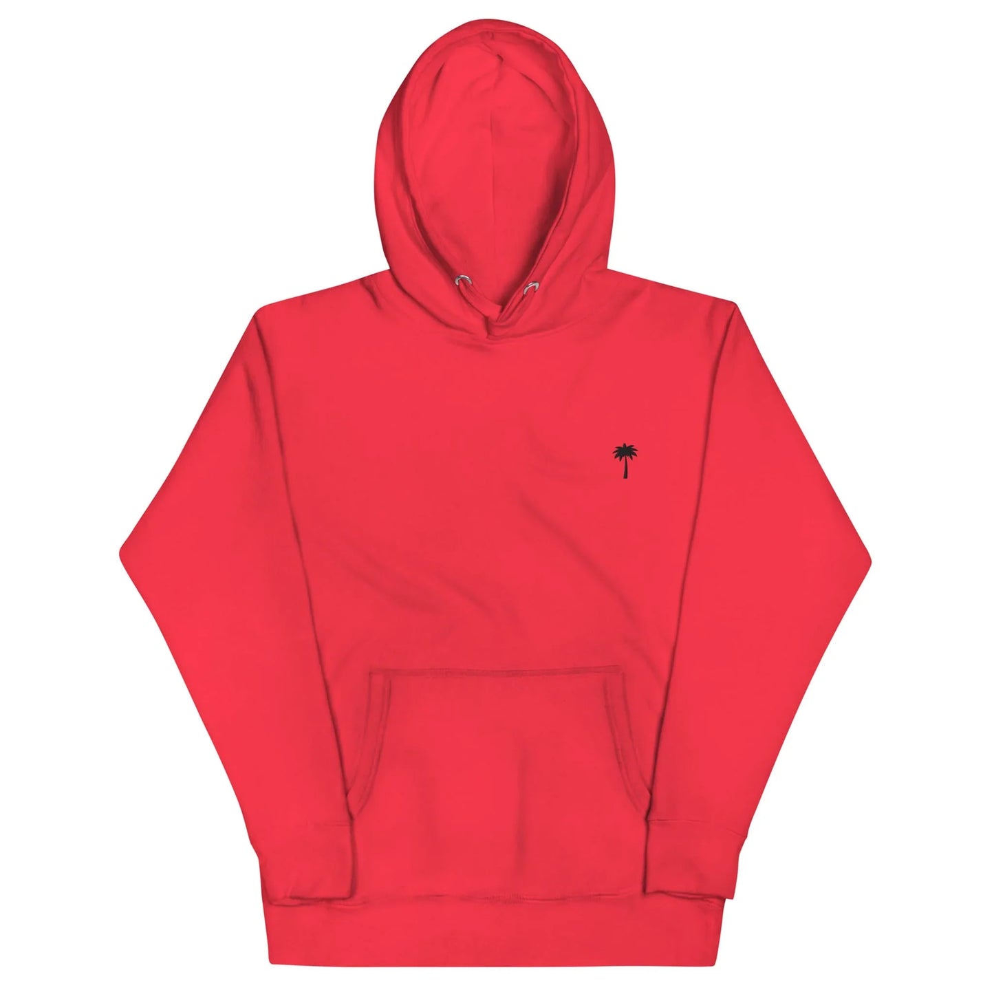 A bright red Mambí hooded sweatshirt with a front pocket and a small black palm tree graphic on the left chest area.