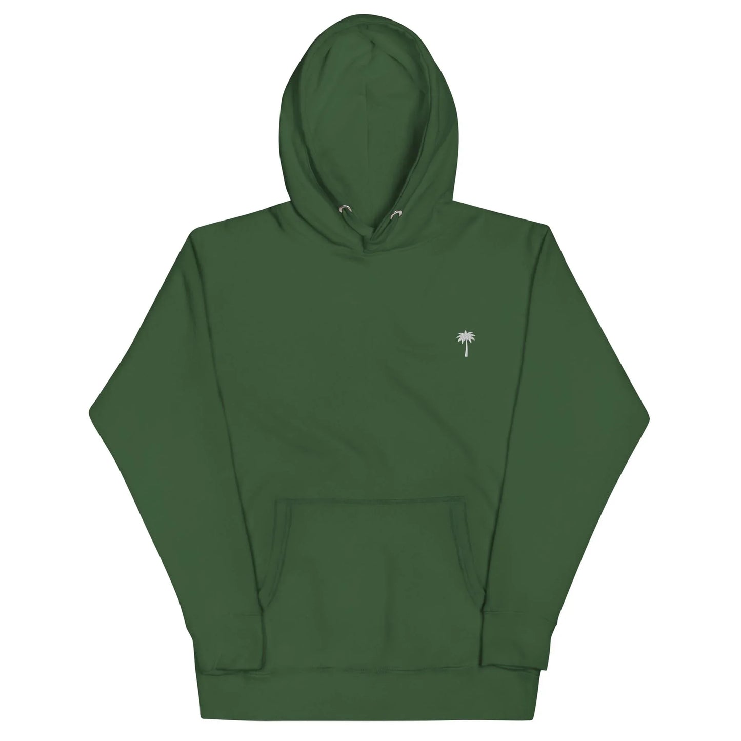 Forest green Mambí hooded sweatshirt featuring a front pocket and a small white palm tree design on the left chest, laid flat on a white background.