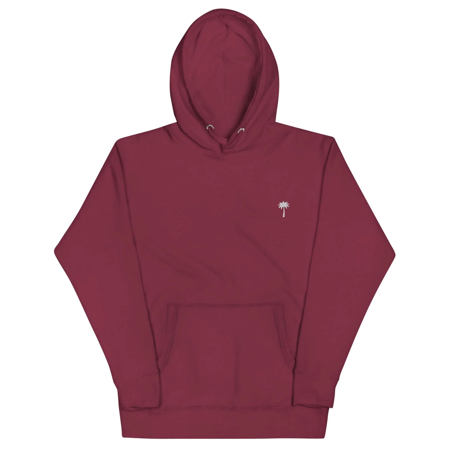 A maroon Mambí hooded sweatshirt with a front pocket and a small white palm tree graphic on the left chest.