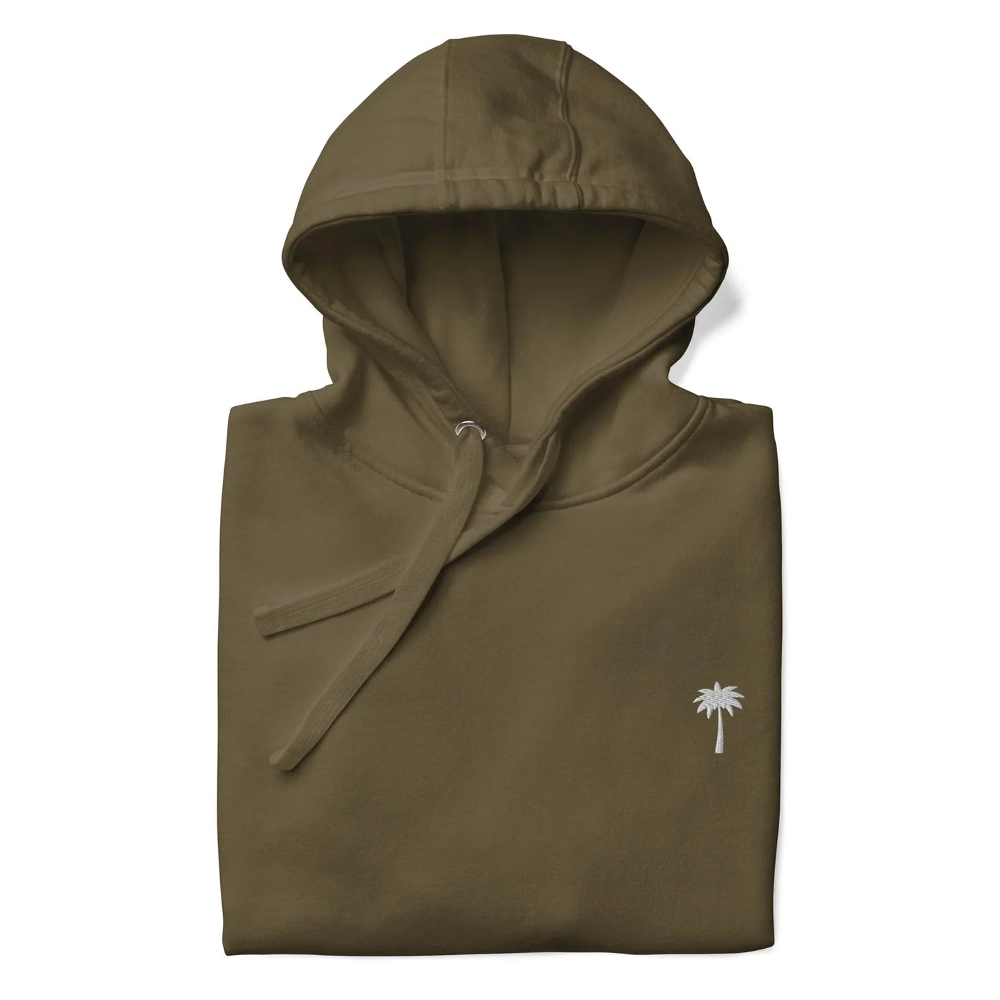A folded olive green Mambí hoodie with a hood and drawstrings, featuring a small white palm tree graphic on the left chest area.