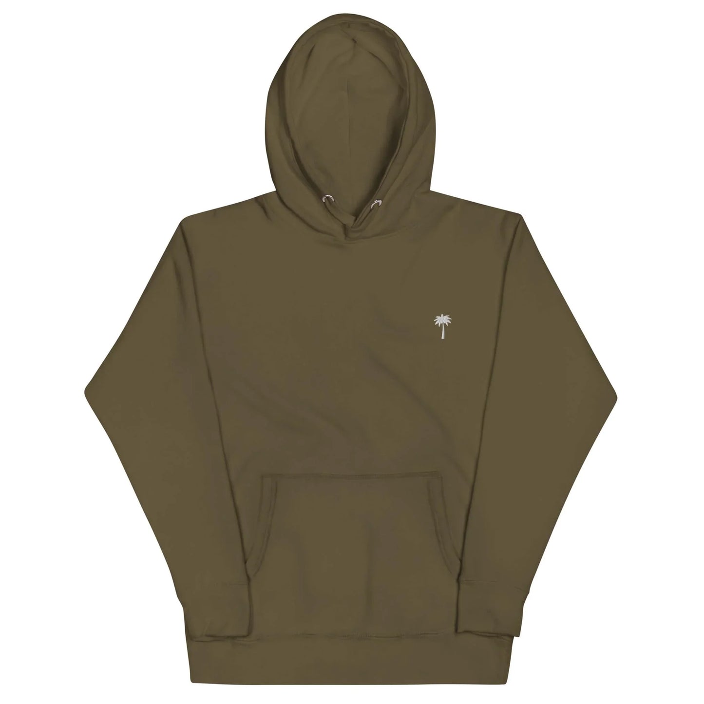 Olive green Mambí hooded sweatshirt with a front pocket and a small white palm tree graphic on the left chest area.