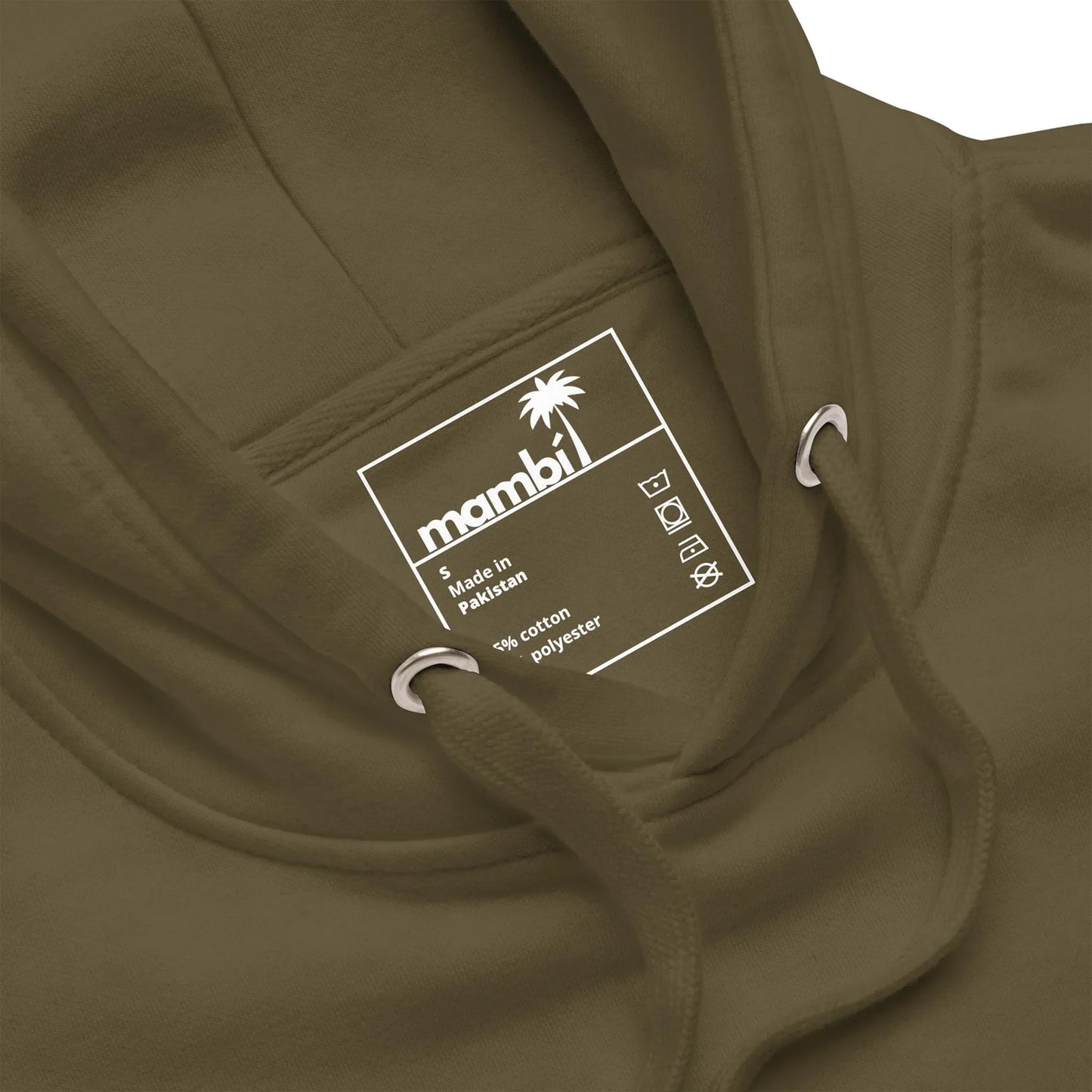 Close-up of an olive green Mambí hoodie with a white label inside the hood. The label features the mambi name, a palm tree logo, and lists material details: 80% cotton, 20% polyester, along with care symbols.