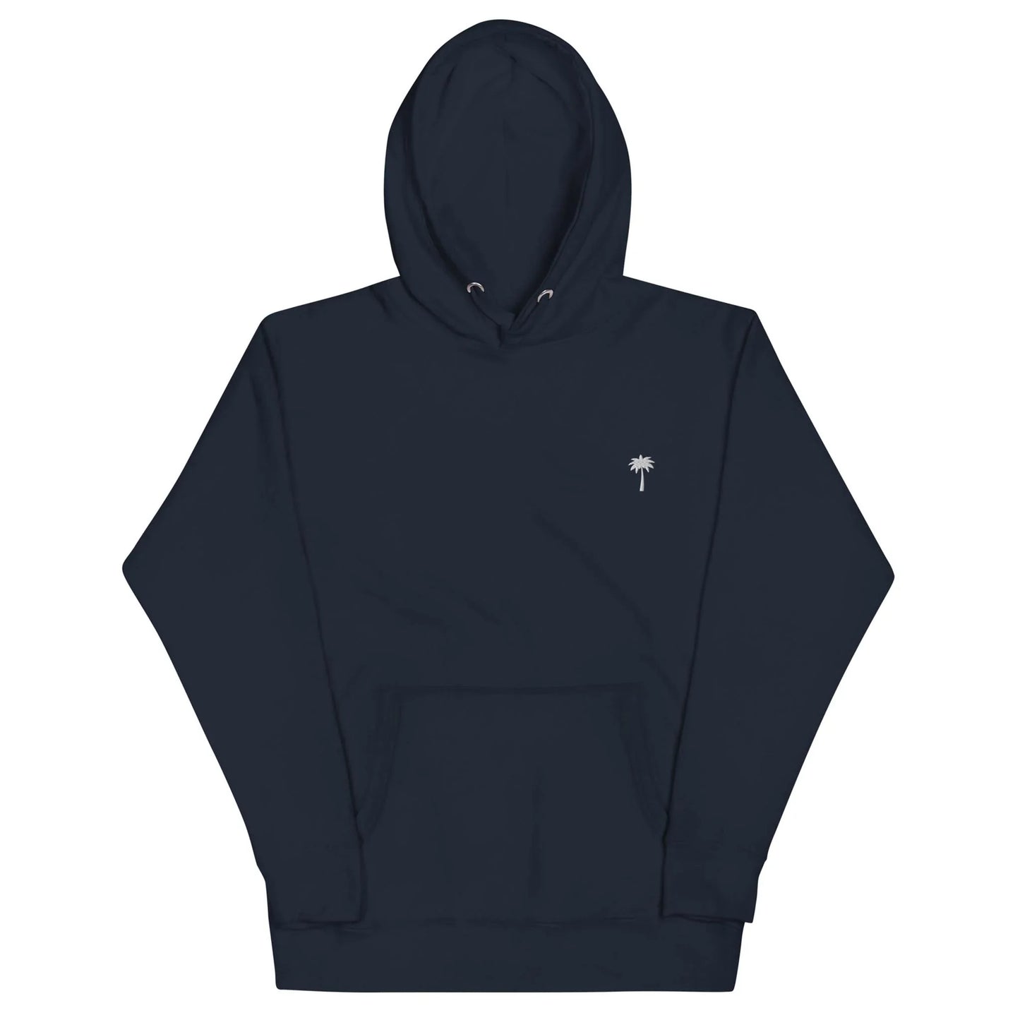 A plain dark navy blue Mambí hoodie with a front pouch pocket and a small white palm tree graphic on the left chest. The hood has drawstrings, and the sleeves and hem feature ribbed cuffs.