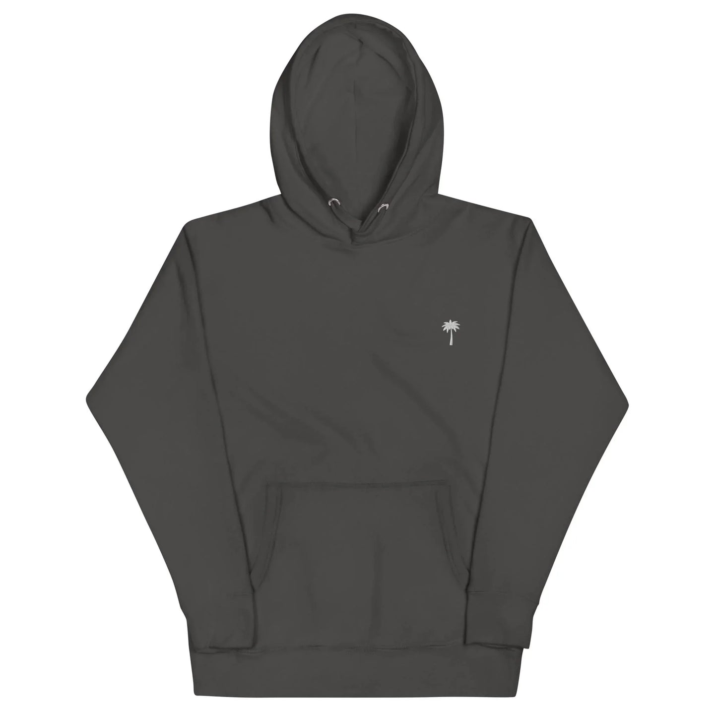 A dark gray Mambí hooded sweatshirt featuring a small white palm tree graphic on the left chest and a front kangaroo pocket, displayed on a white background.
